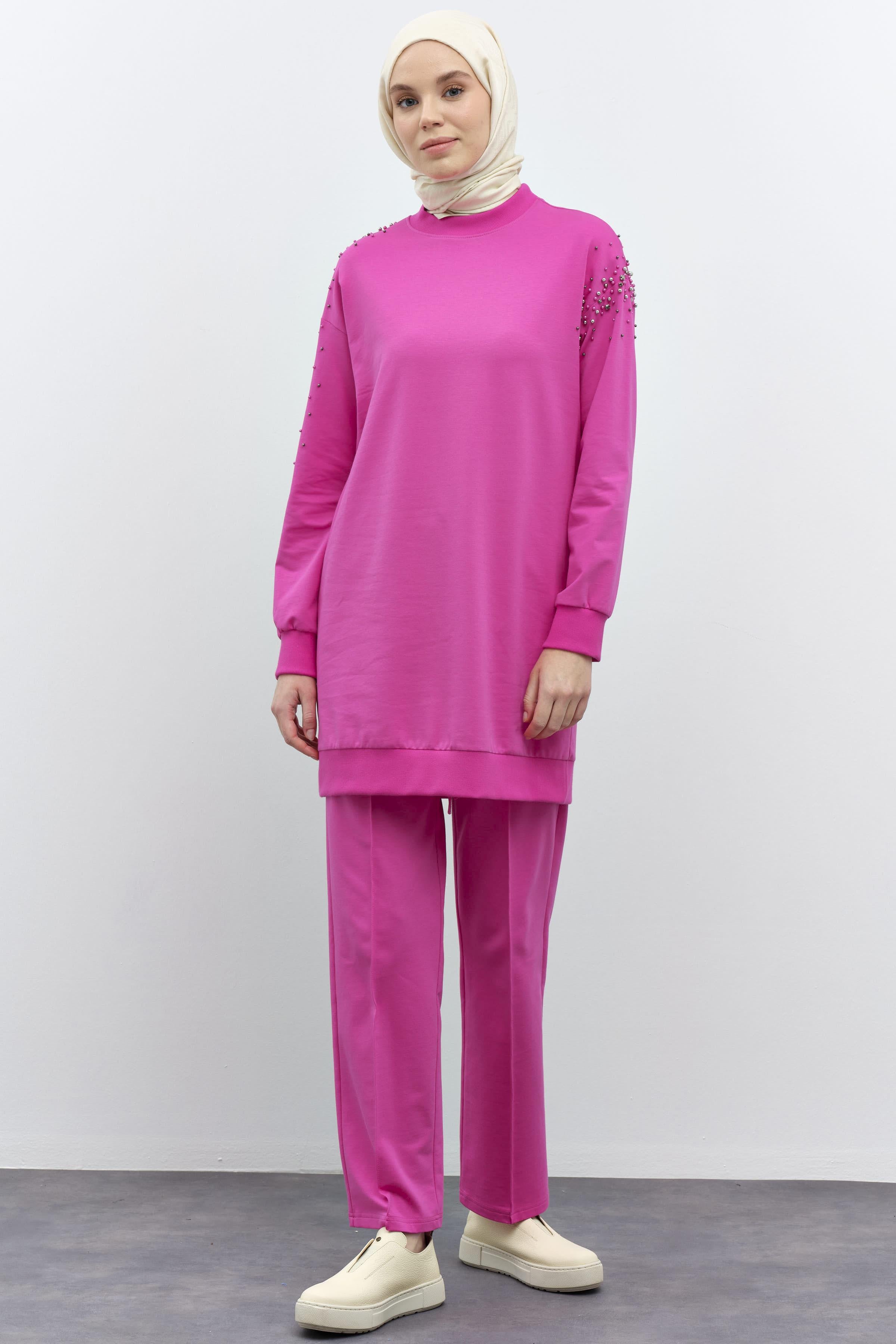 Kollar Taş Detaylı Tunik Pantolon Takım - Fuşya TUGBA