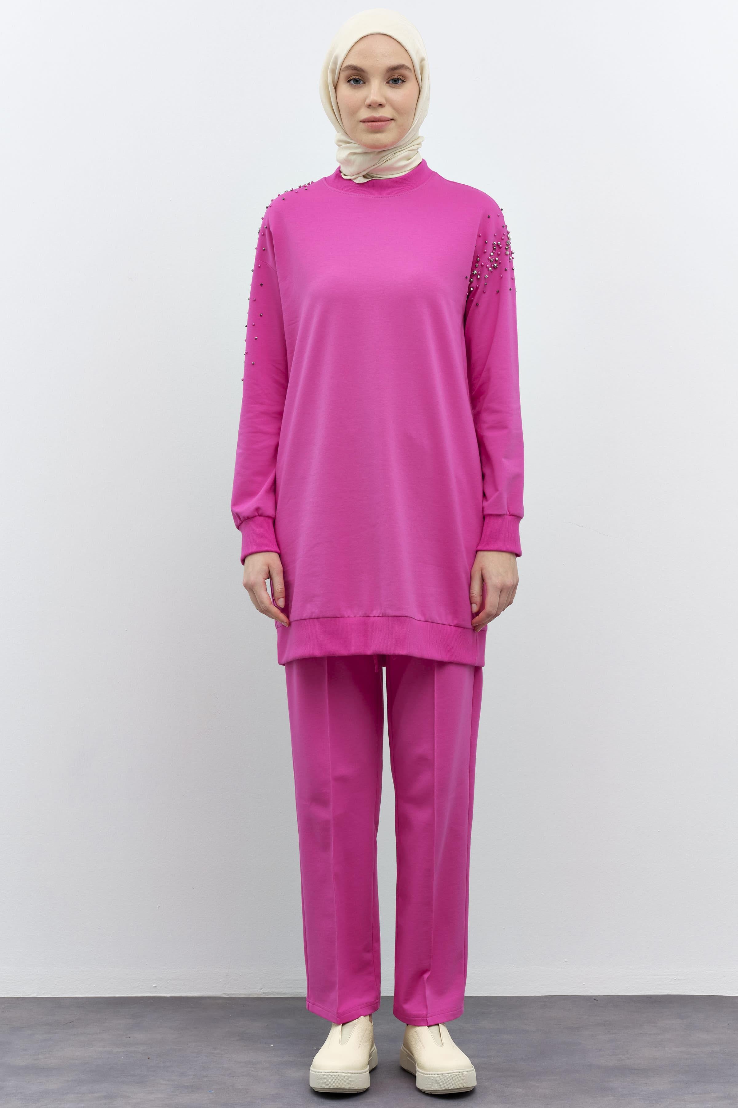 Kollar Taş Detaylı Tunik Pantolon Takım - Fuşya TUGBA