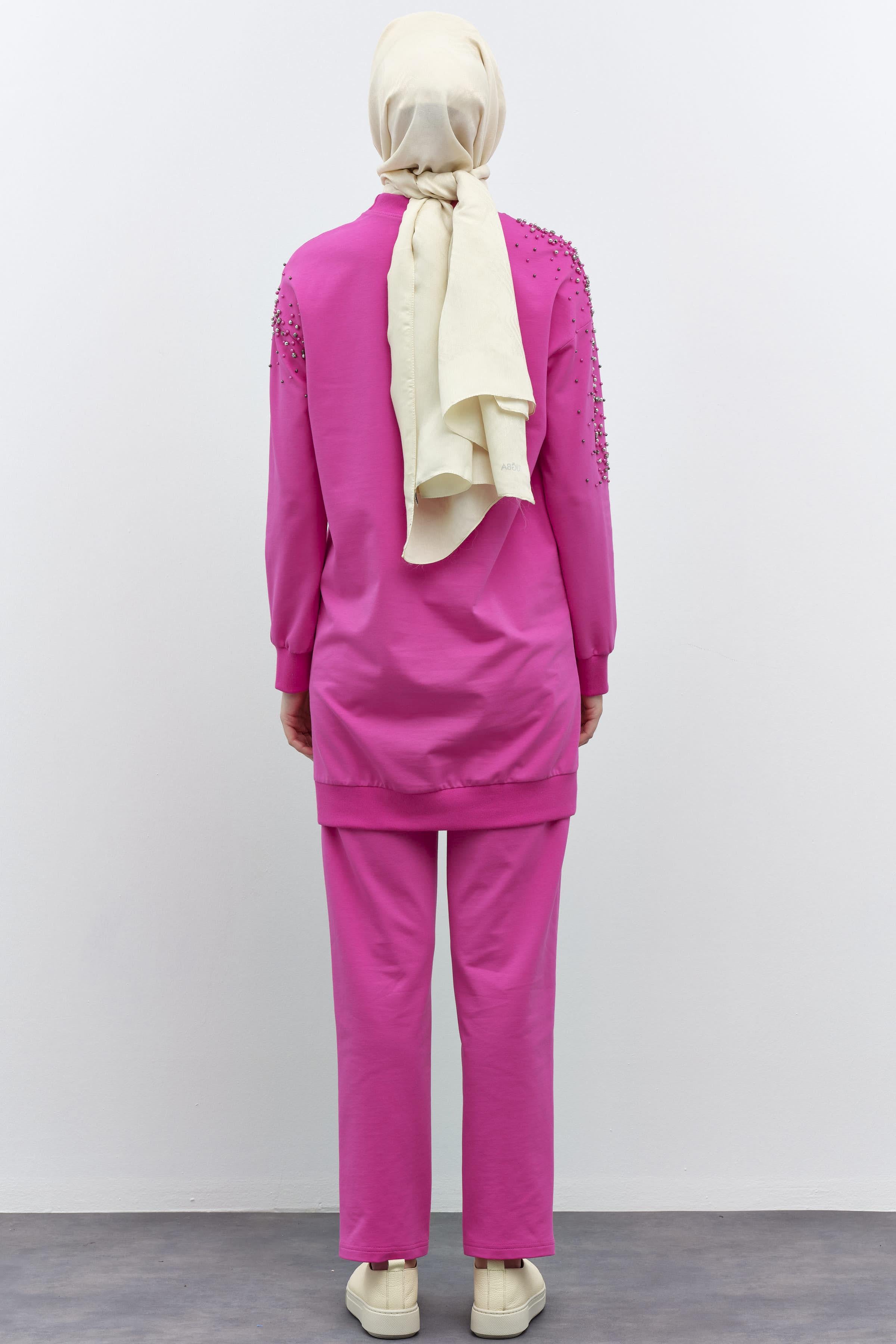 Kollar Taş Detaylı Tunik Pantolon Takım - Fuşya TUGBA