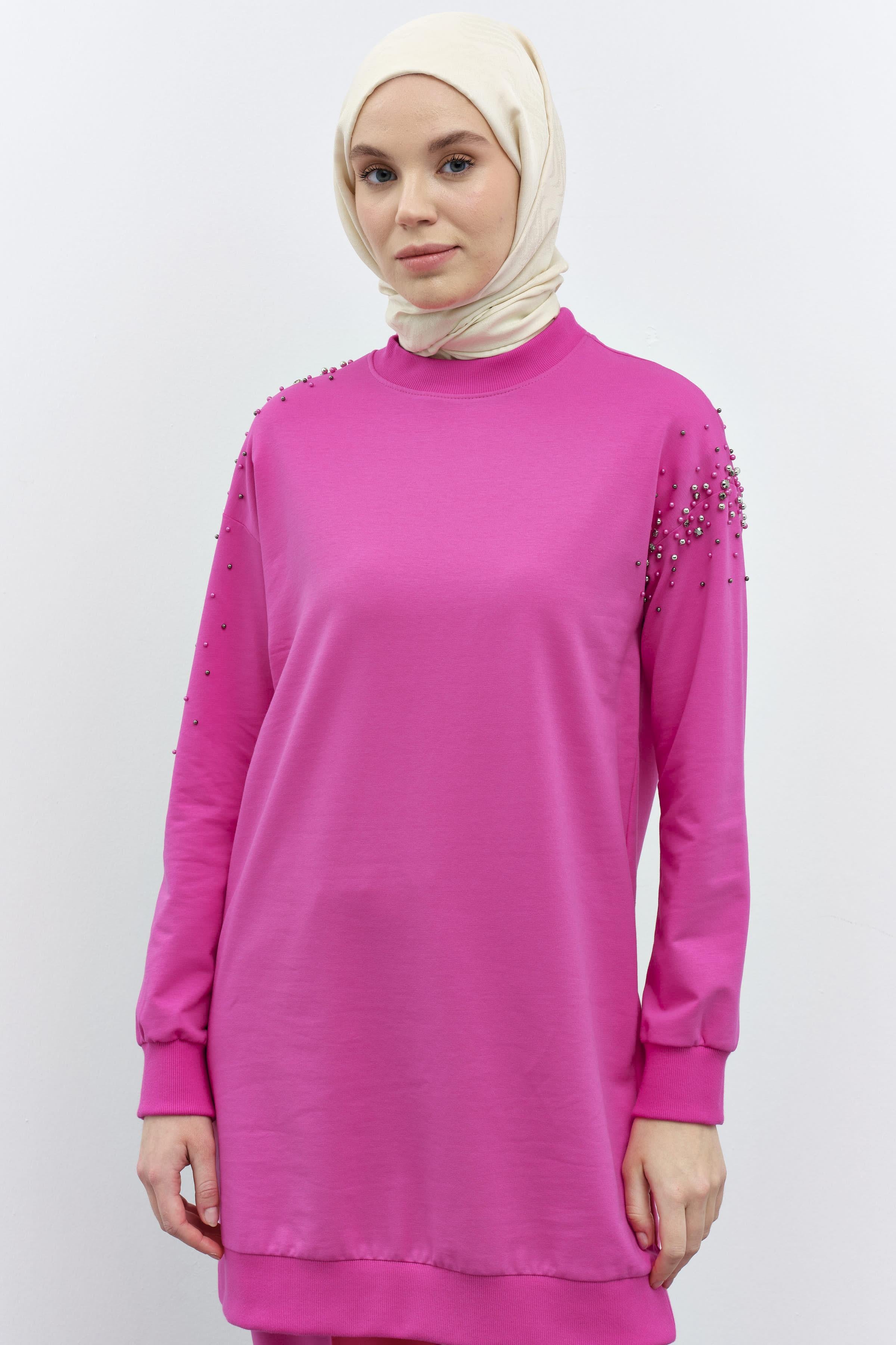 Kollar Taş Detaylı Tunik Pantolon Takım - Fuşya TUGBA