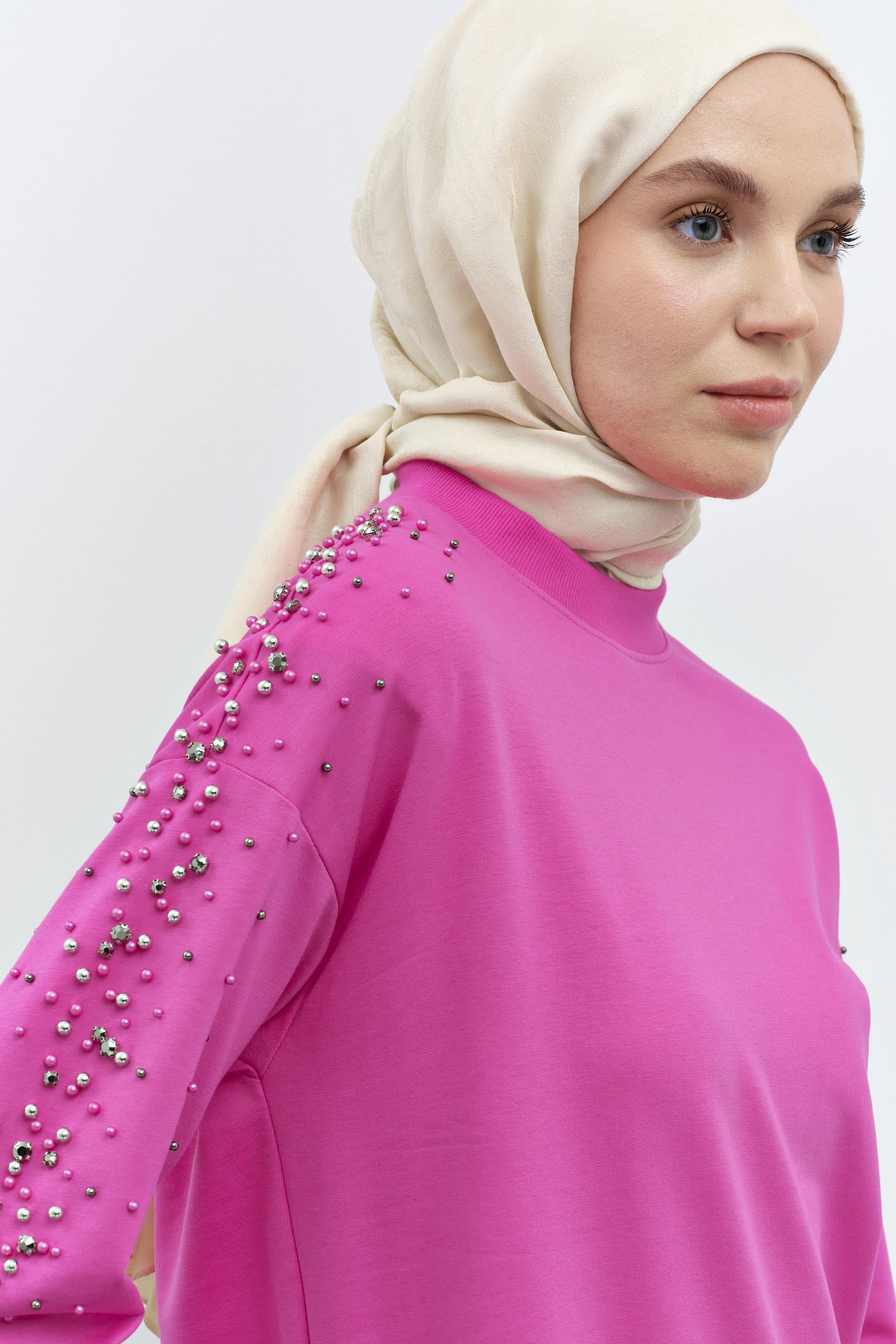 Kollar Taş Detaylı Tunik Pantolon Takım - Fuşya TUGBA