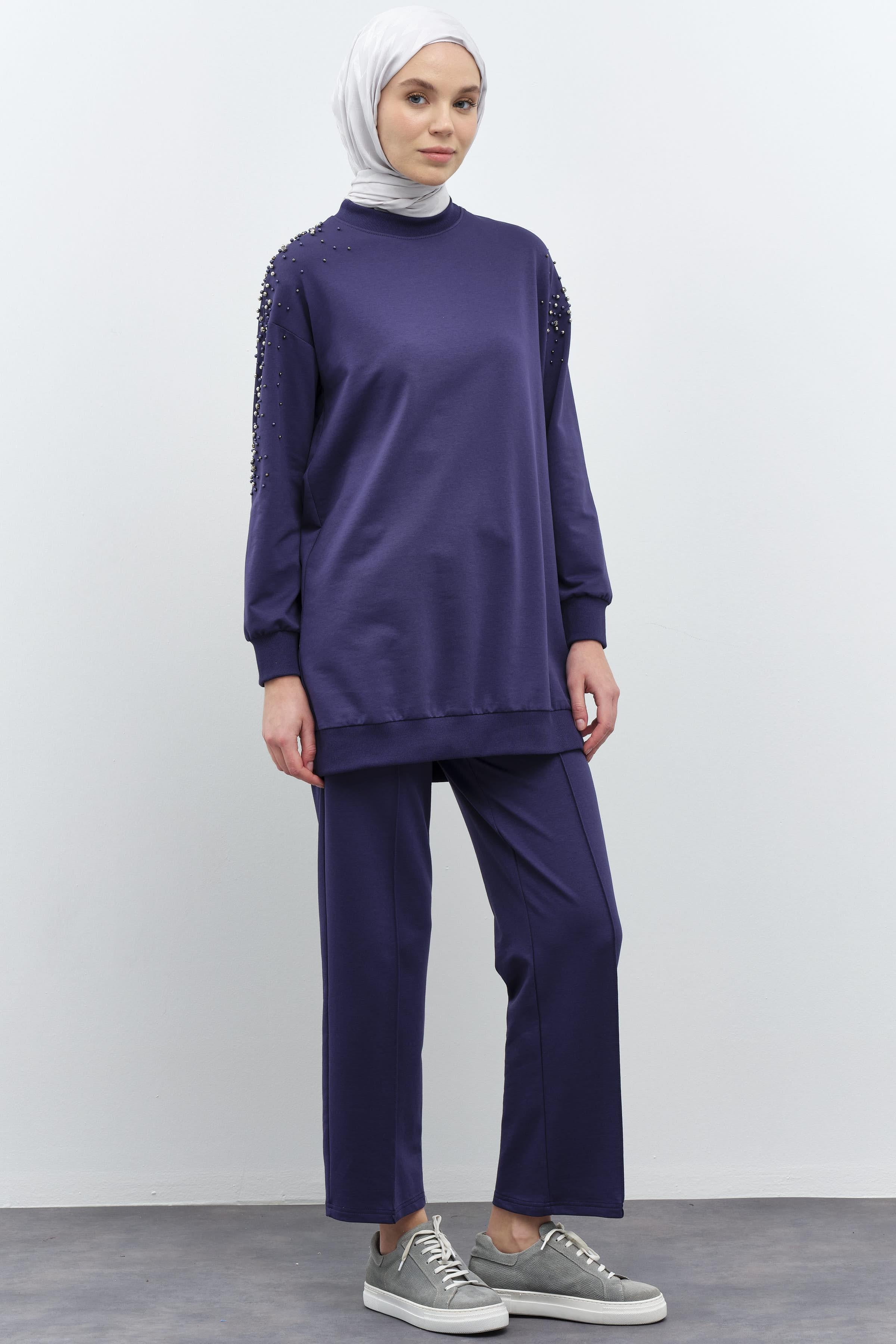 Kollar Taş Detaylı Tunik Pantolon Takım - Lacivert TUGBA