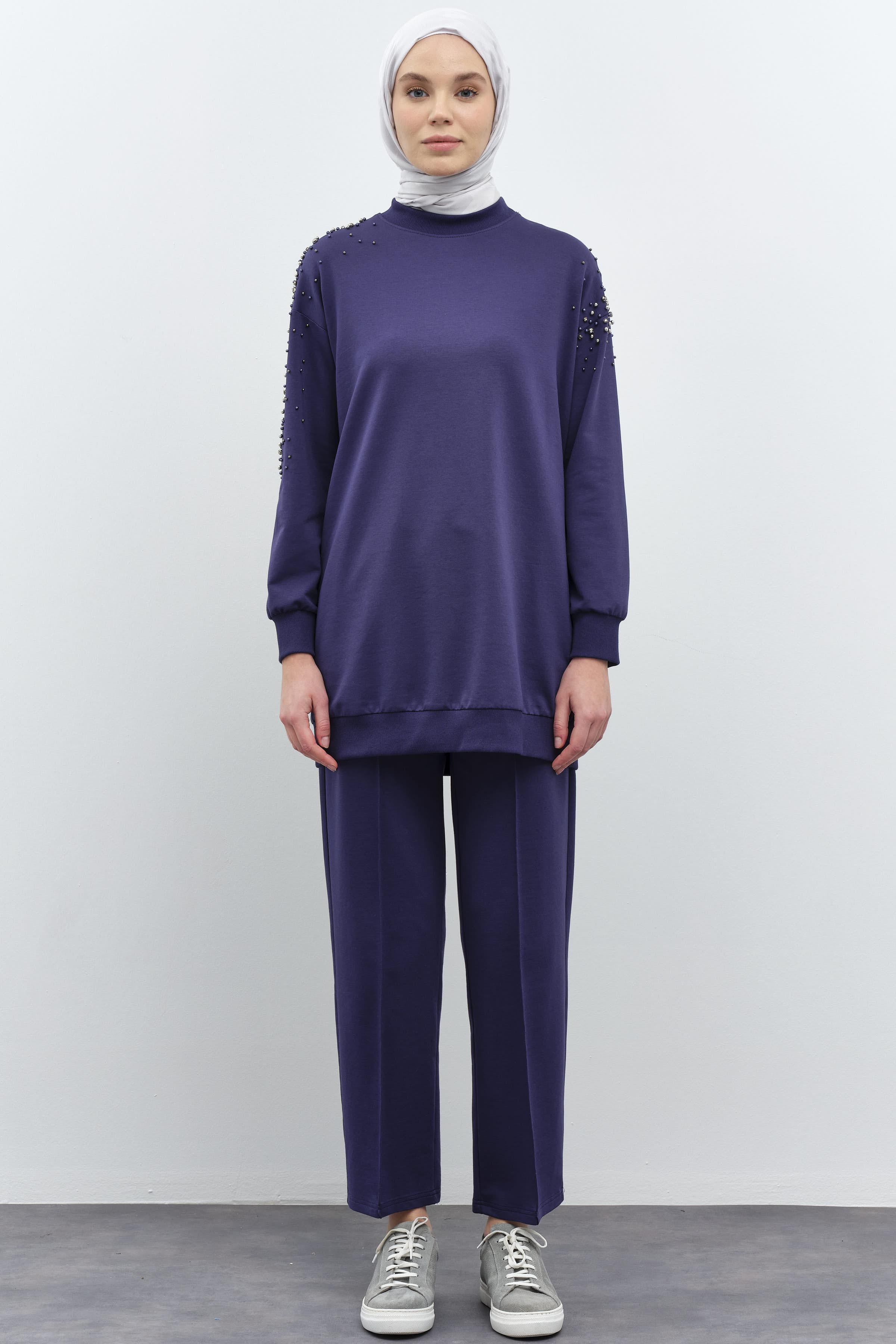 Kollar Taş Detaylı Tunik Pantolon Takım - Lacivert TUGBA