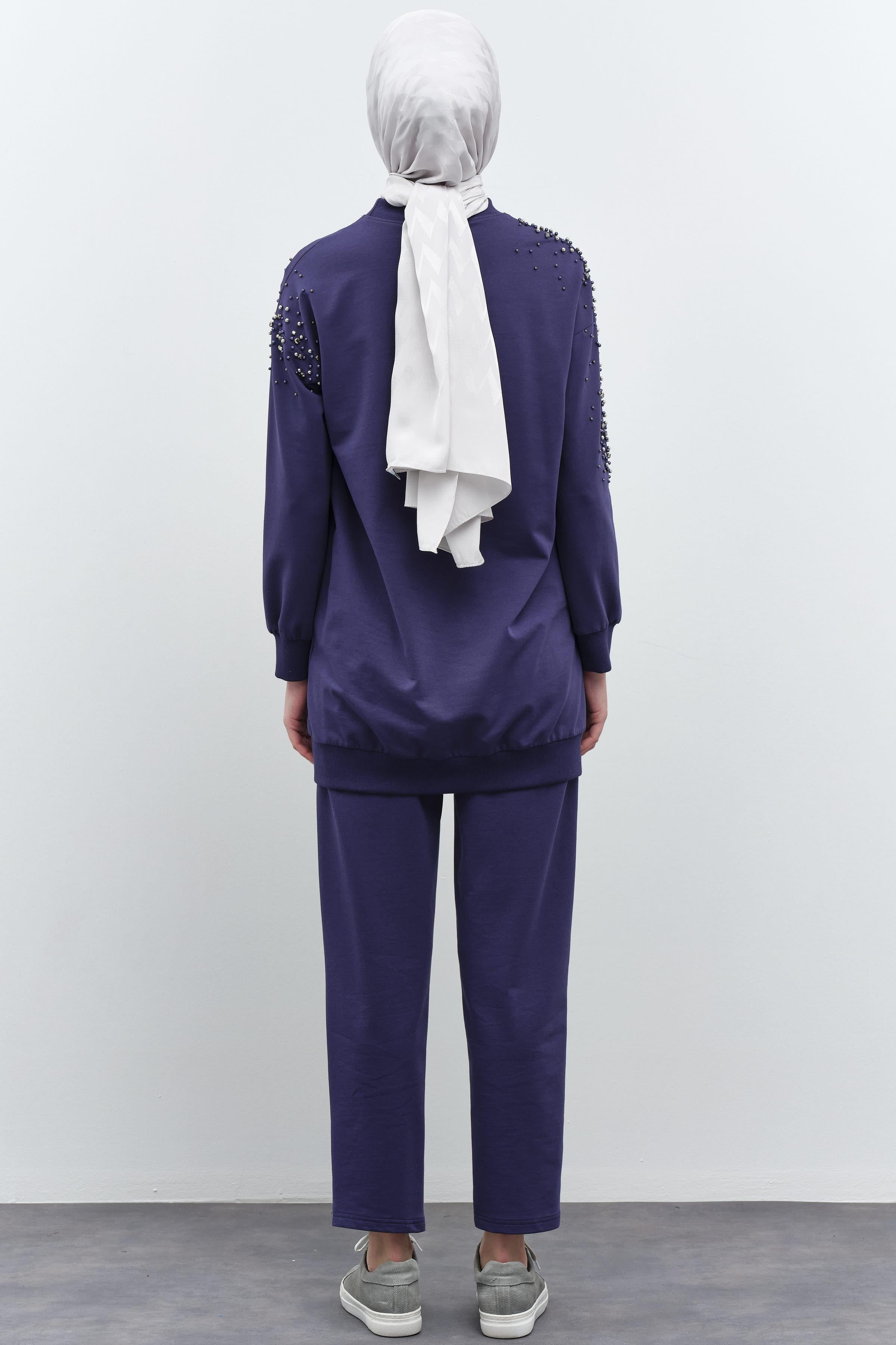 Kollar Taş Detaylı Tunik Pantolon Takım - Lacivert TUGBA