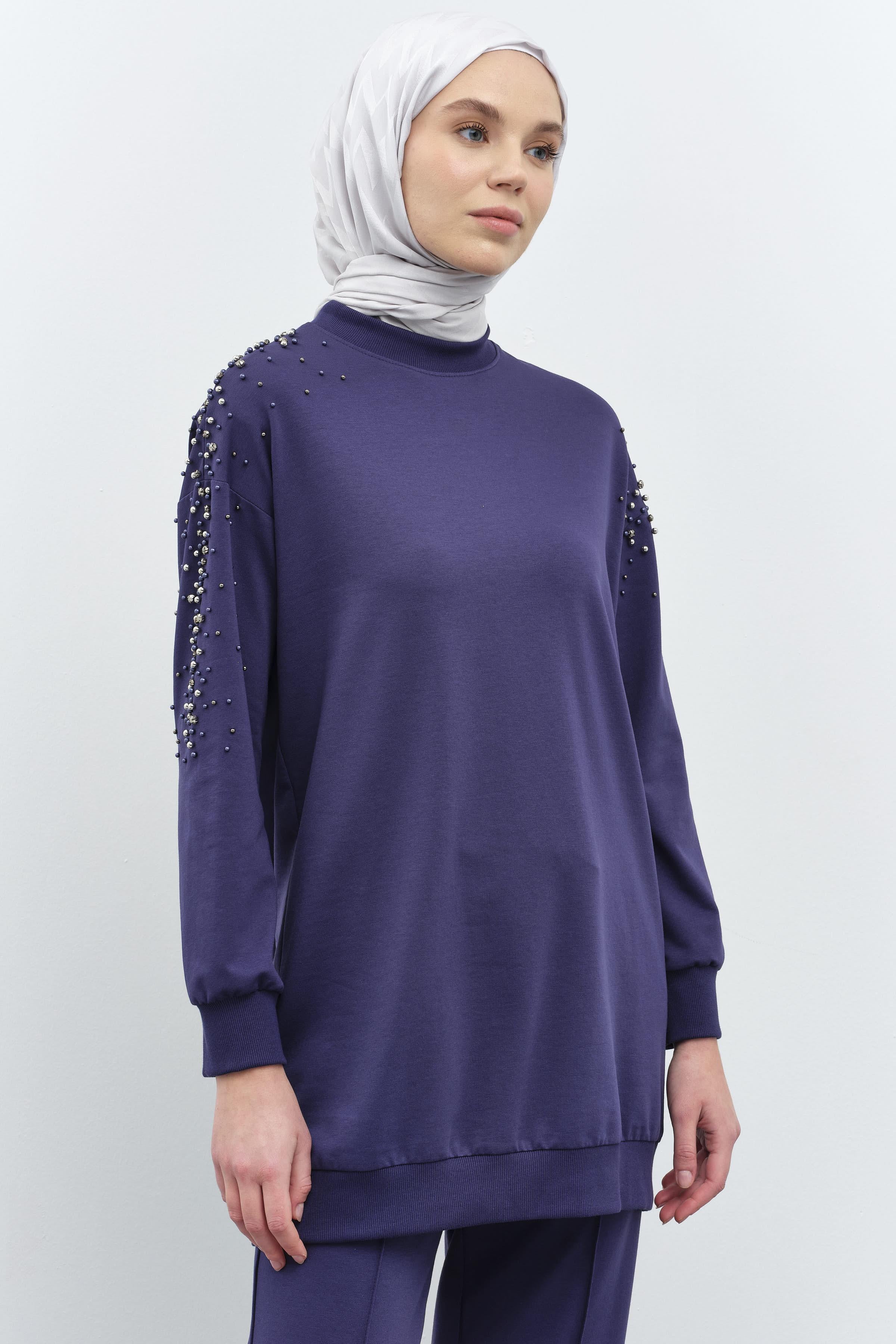 Kollar Taş Detaylı Tunik Pantolon Takım - Lacivert TUGBA