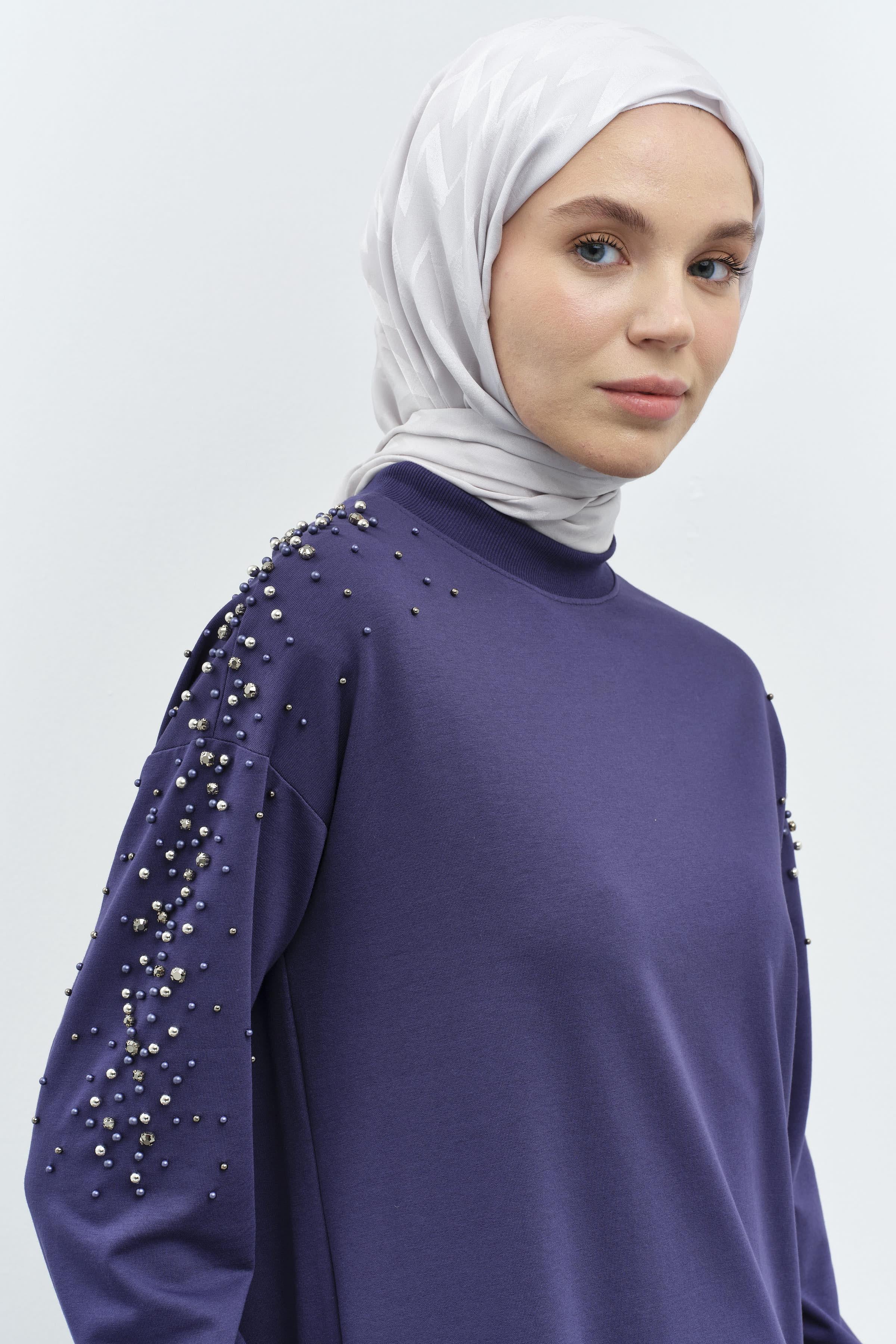 Kollar Taş Detaylı Tunik Pantolon Takım - Lacivert TUGBA