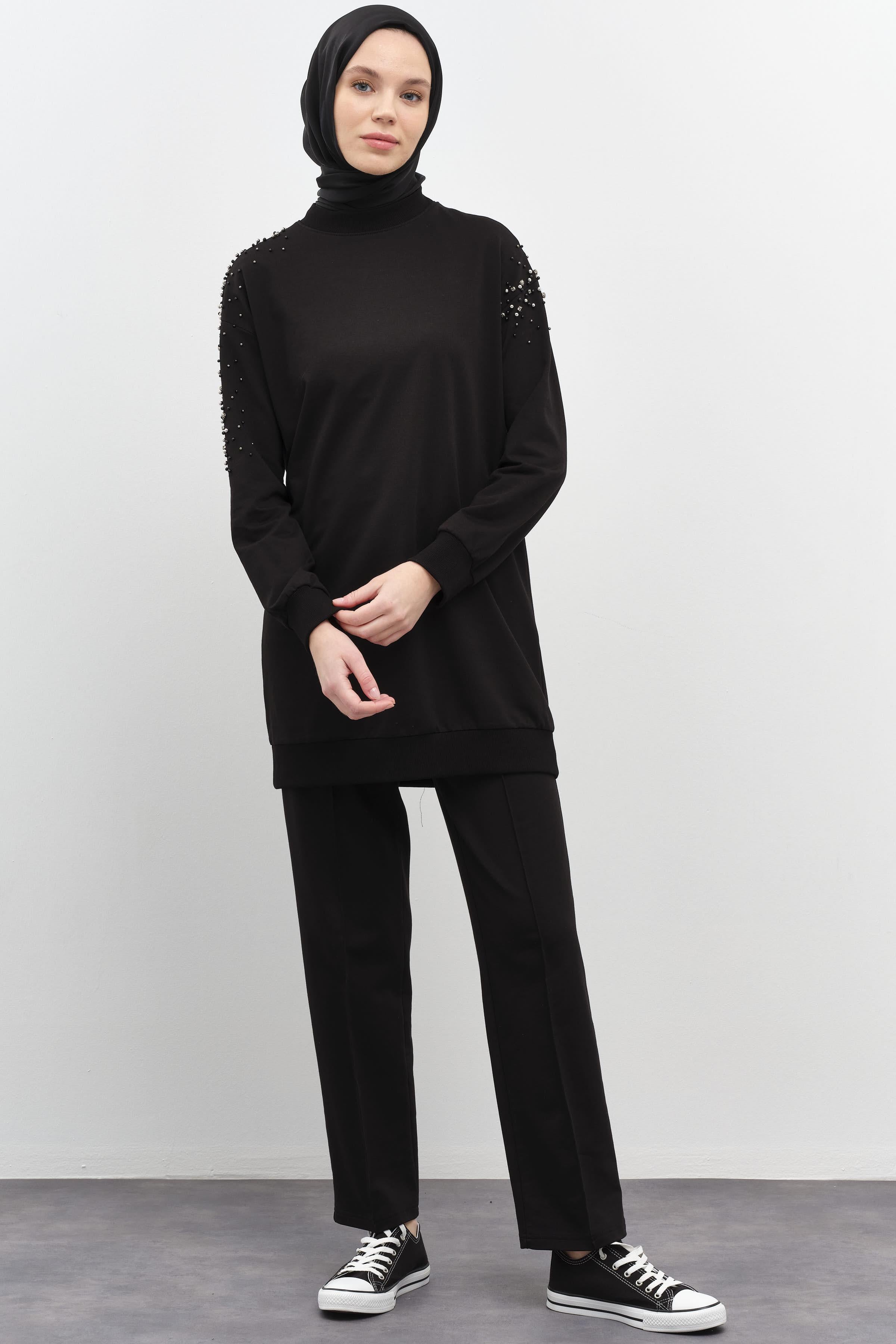 Kollar Taş Detaylı Tunik Pantolon Takım - Siyah TUGBA