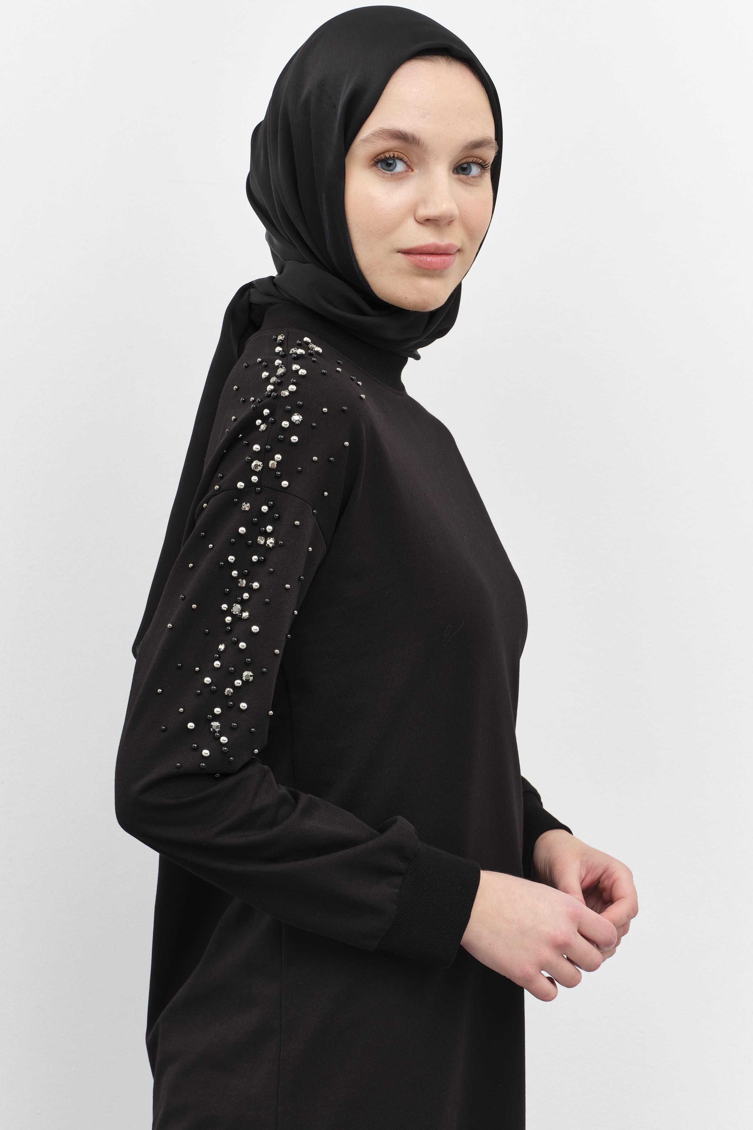 Kollar Taş Detaylı Tunik Pantolon Takım - Siyah TUGBA