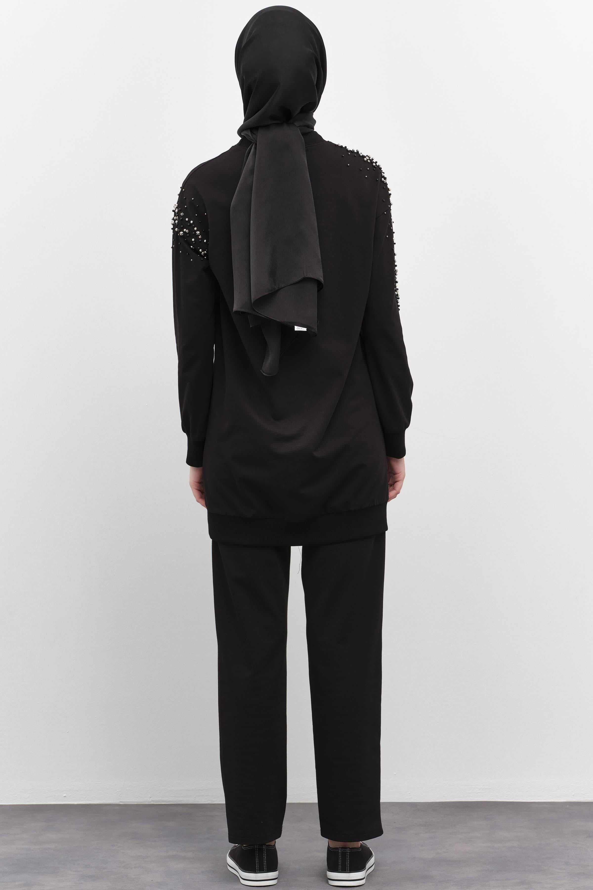 Kollar Taş Detaylı Tunik Pantolon Takım - Siyah TUGBA