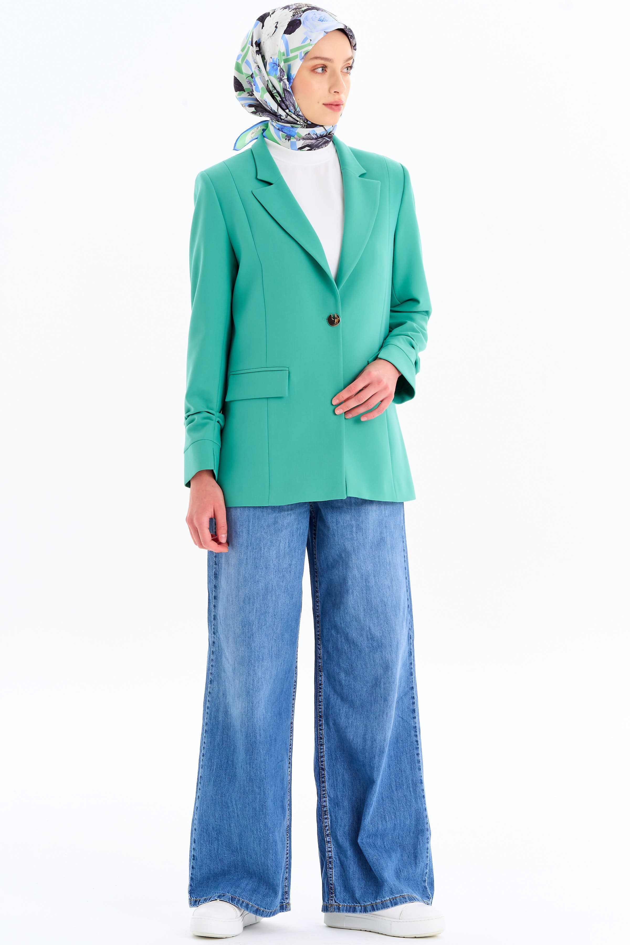 Kolları Büzgülü Tek Düğmeli Basic Ceket - Benetton Yeşili TUGBA