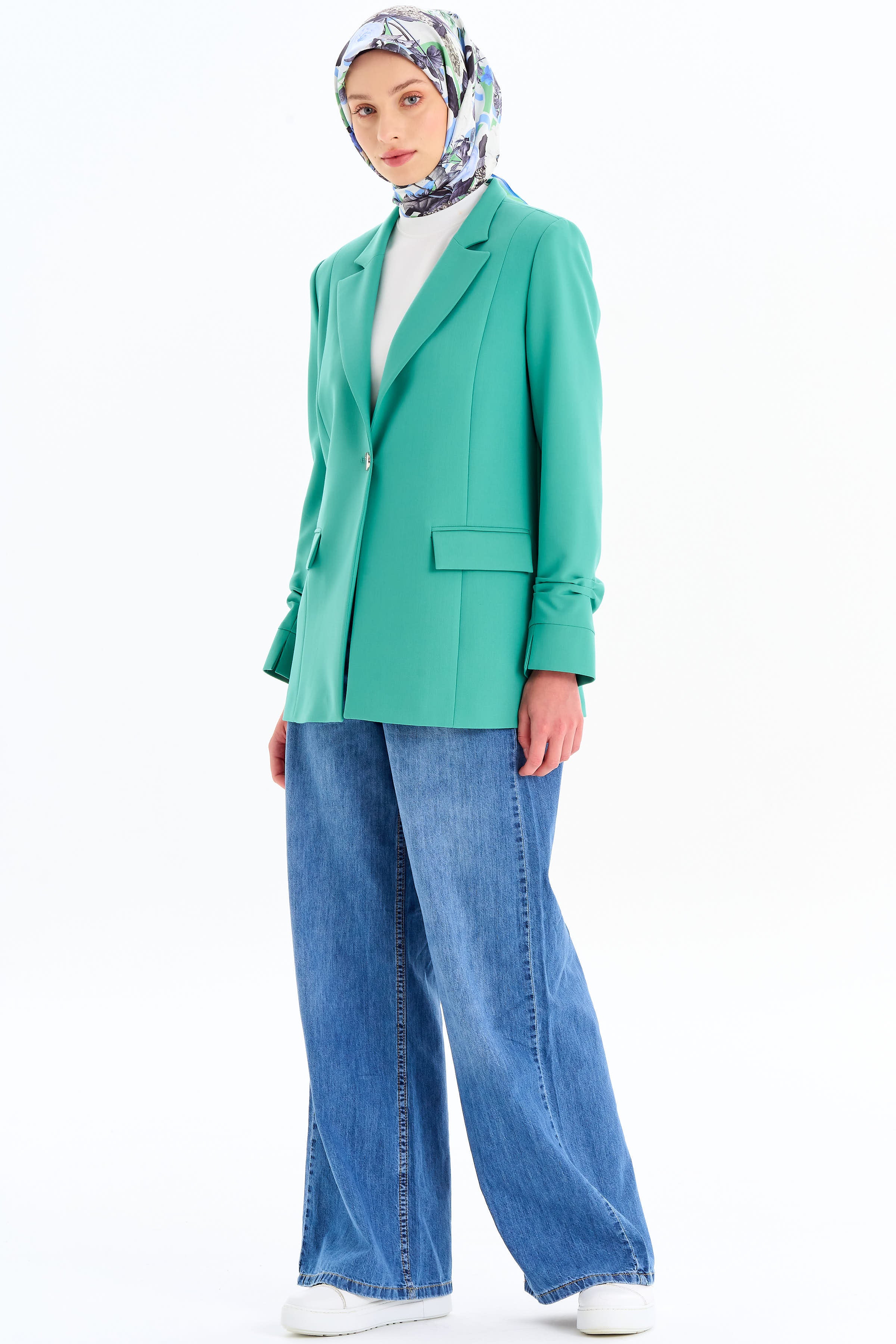 Kolları Büzgülü Tek Düğmeli Basic Ceket - Benetton Yeşili TUGBA