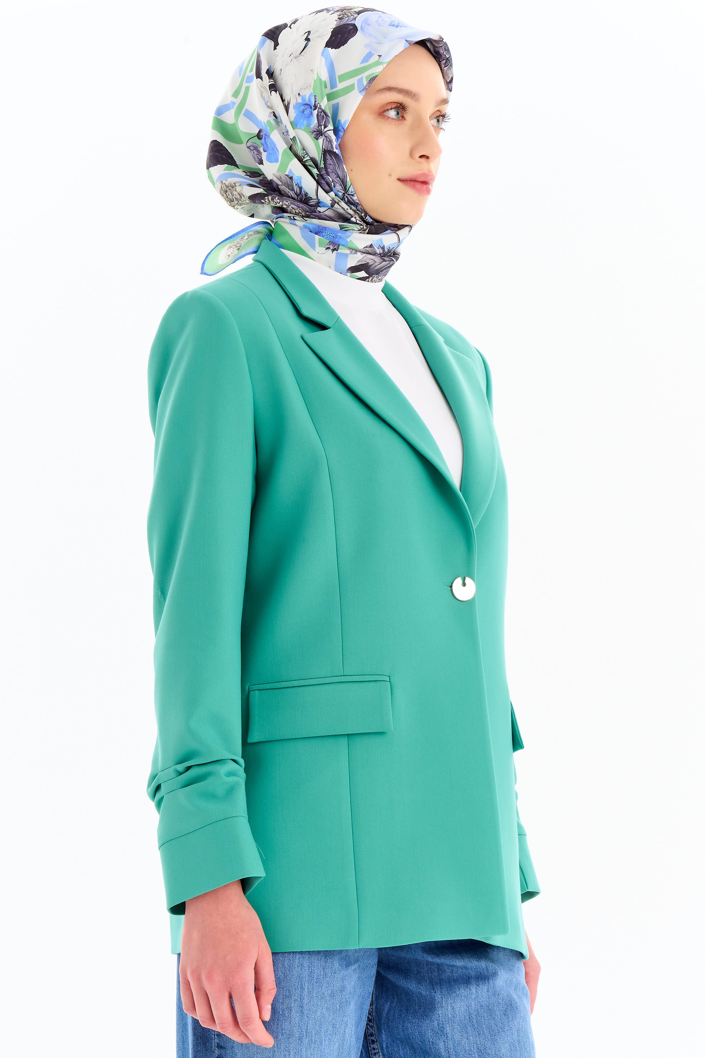 Kolları Büzgülü Tek Düğmeli Basic Ceket - Benetton Yeşili TUGBA