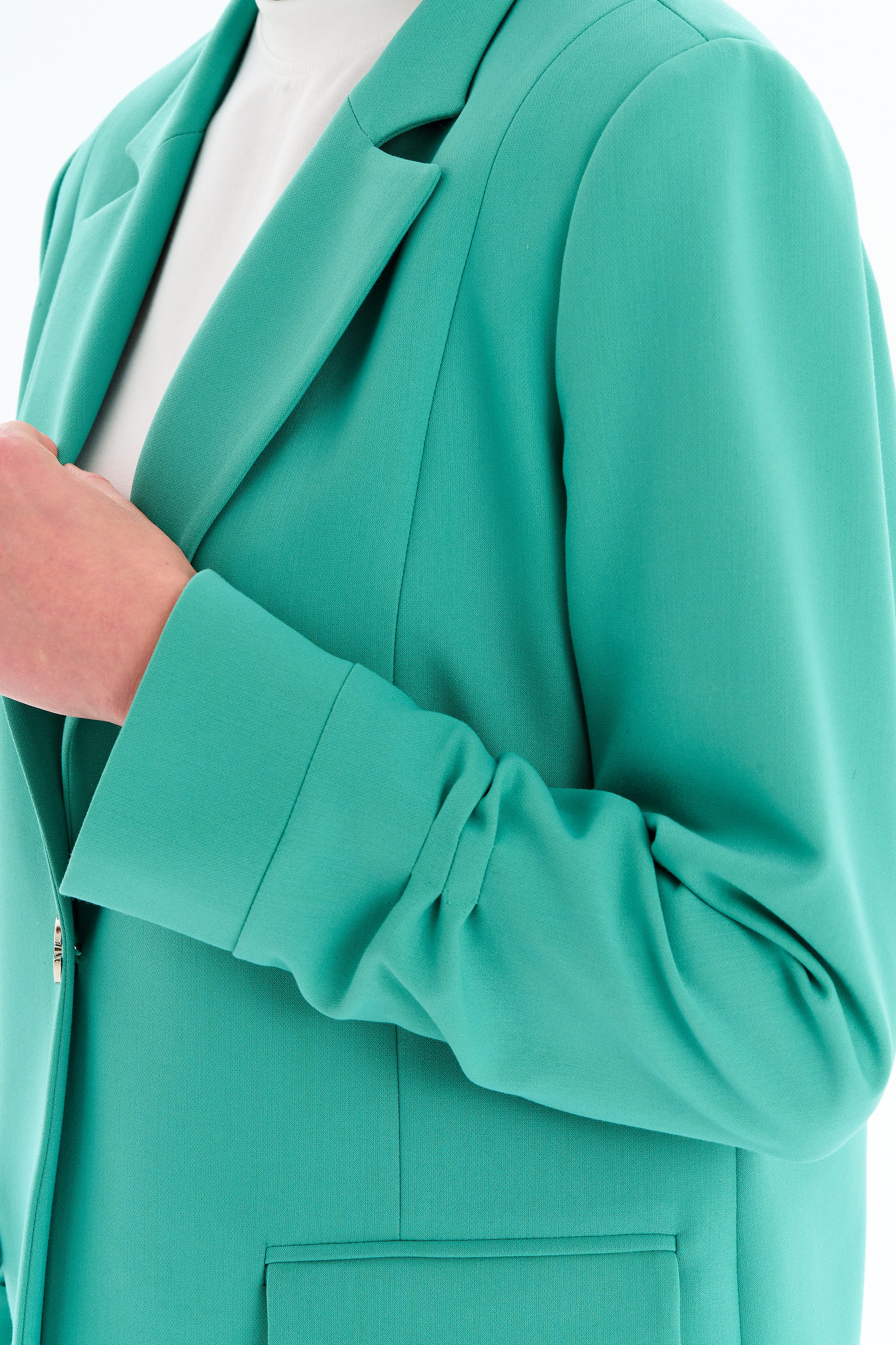 Kolları Büzgülü Tek Düğmeli Basic Ceket - Benetton Yeşili TUGBA