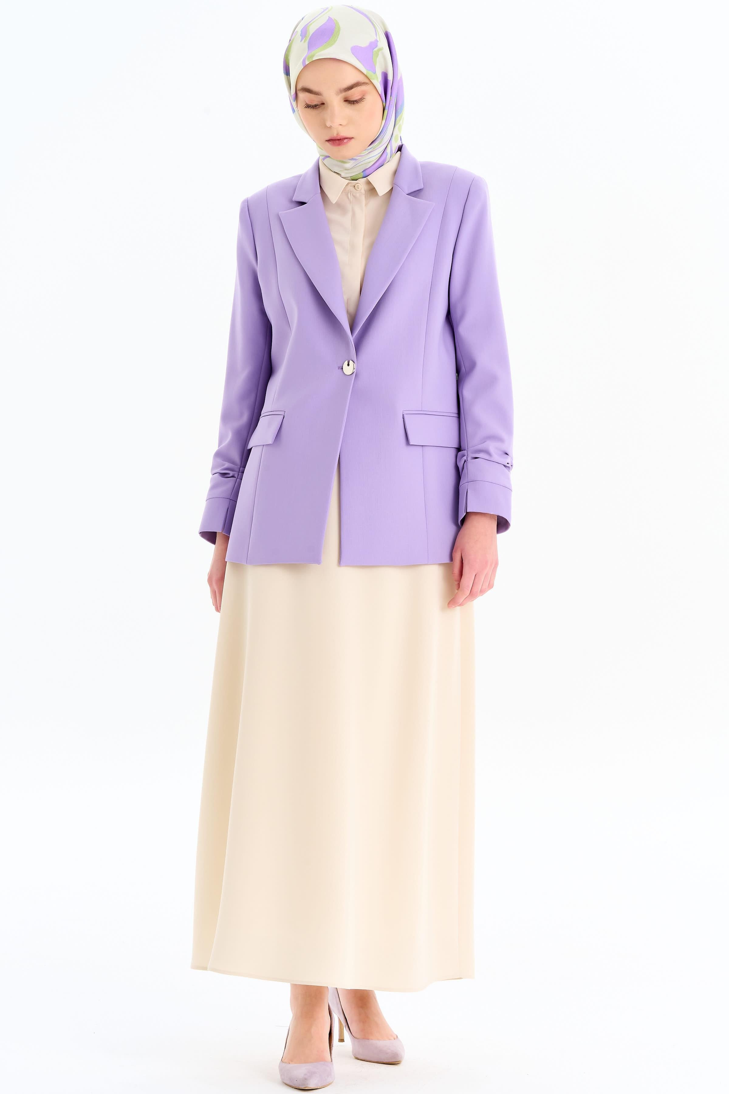 Kolları Büzgülü Tek Düğmeli Basic Ceket - Lila TUGBA