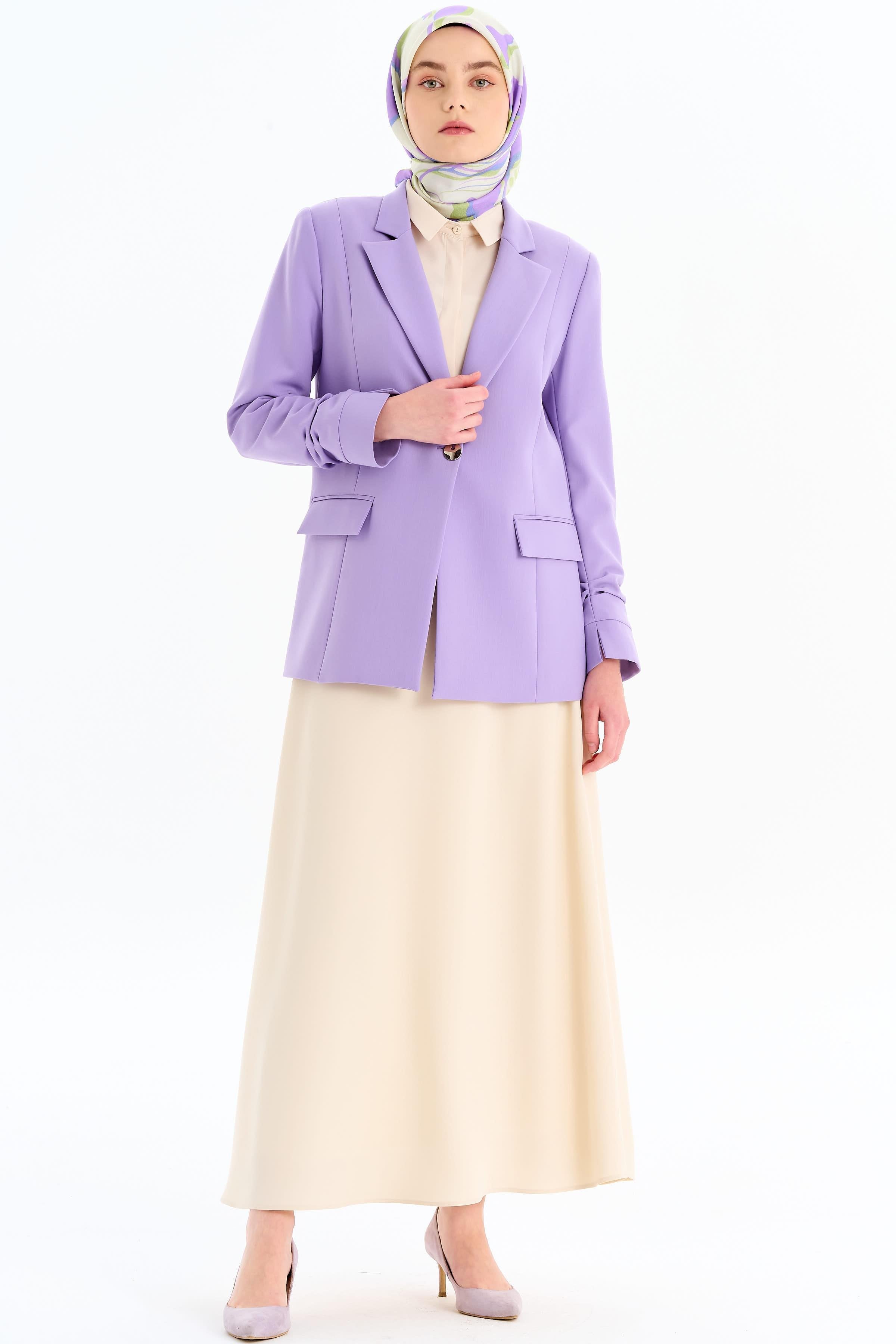 Kolları Büzgülü Tek Düğmeli Basic Ceket - Lila TUGBA