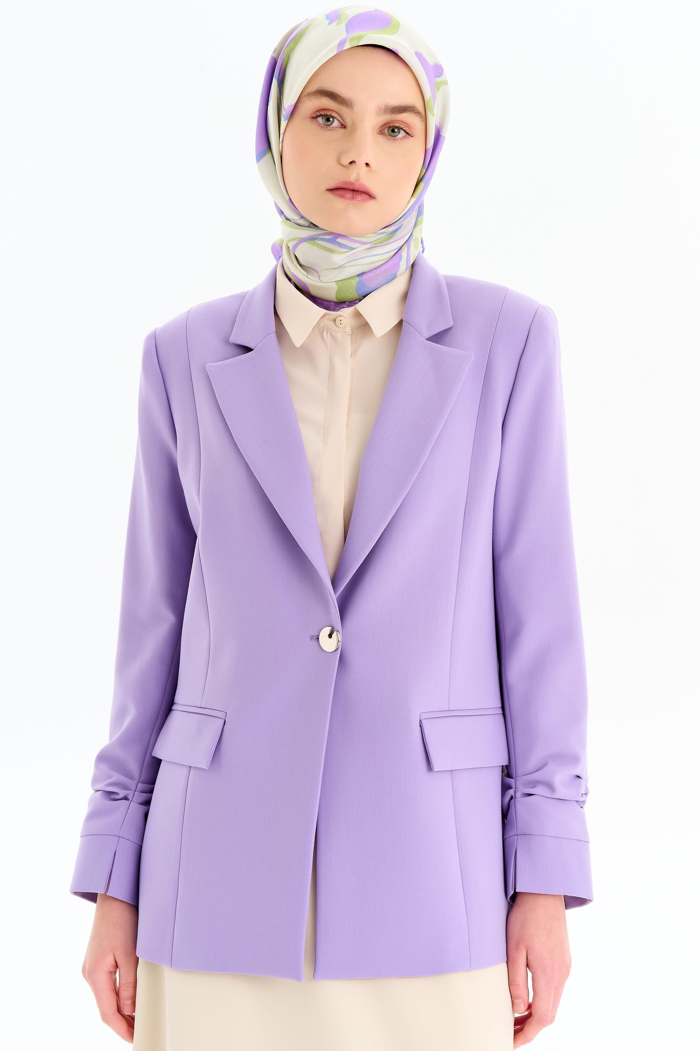 Kolları Büzgülü Tek Düğmeli Basic Ceket - Lila TUGBA
