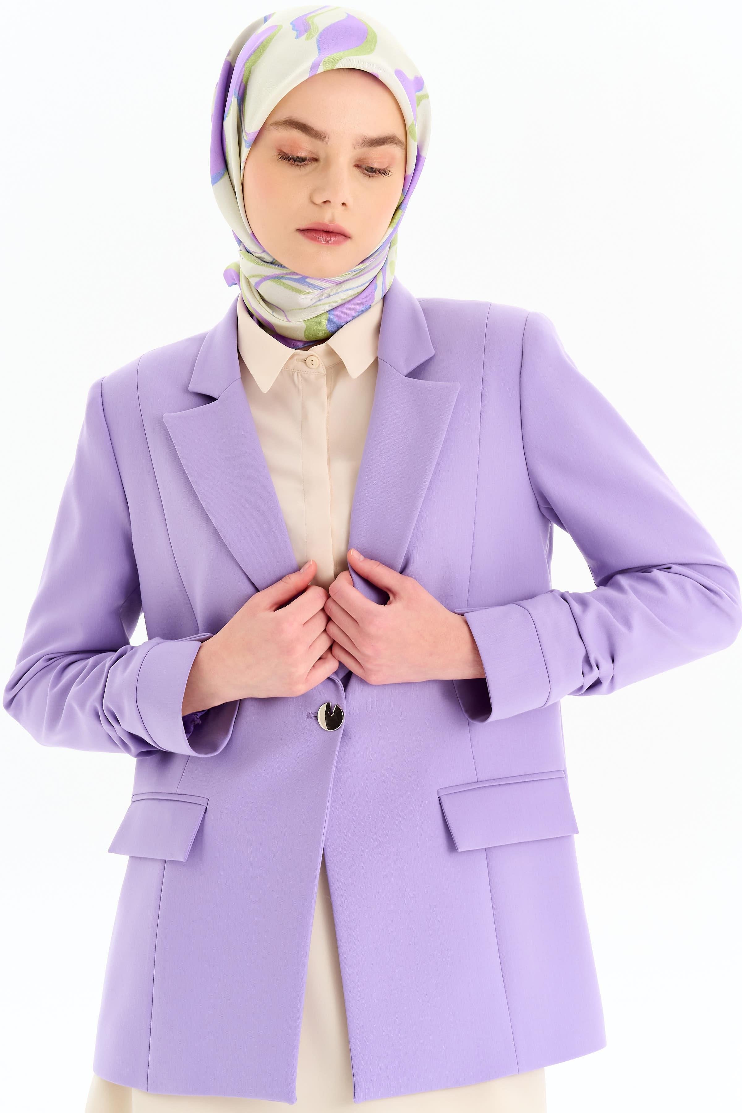 Kolları Büzgülü Tek Düğmeli Basic Ceket - Lila TUGBA