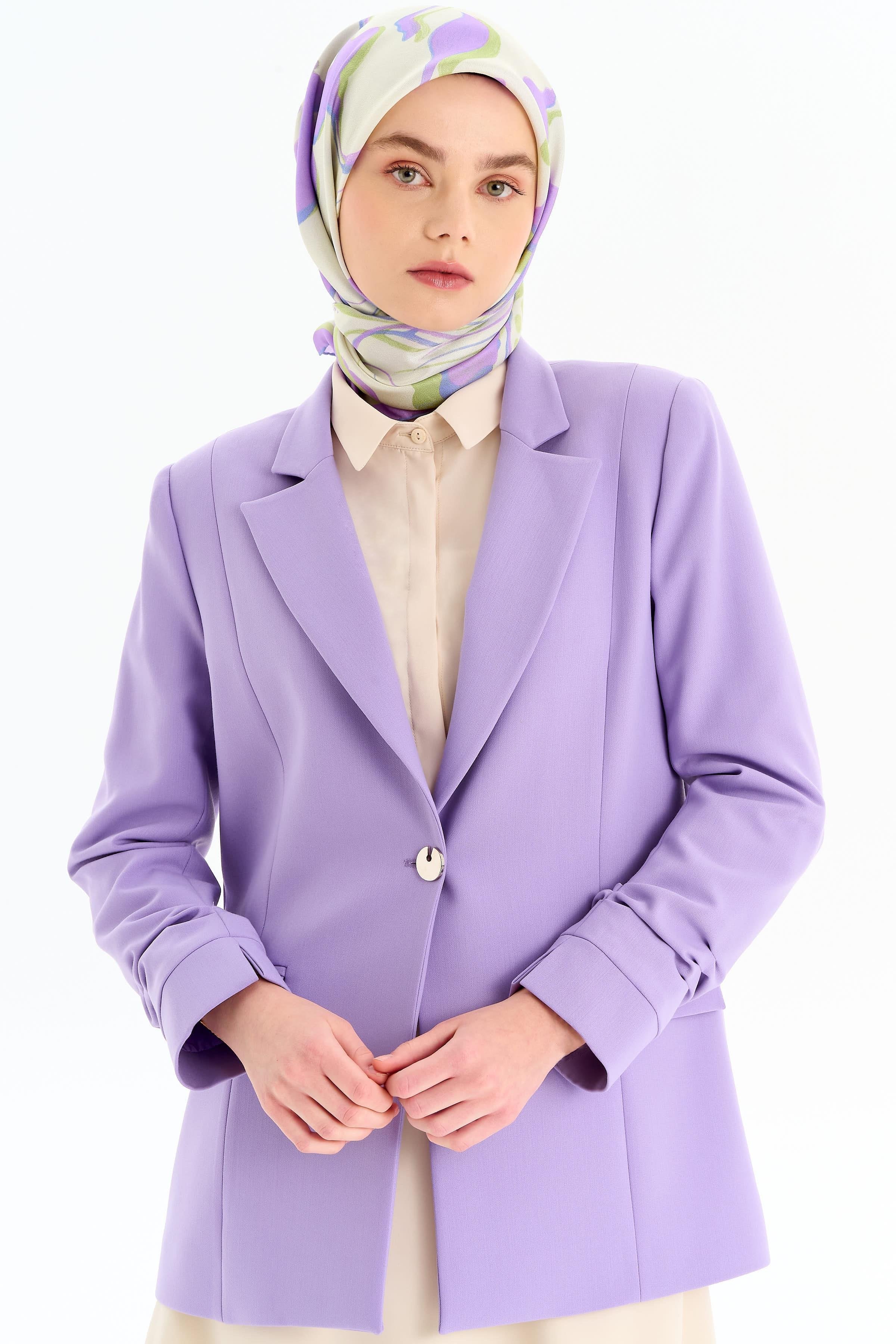 Kolları Büzgülü Tek Düğmeli Basic Ceket - Lila TUGBA