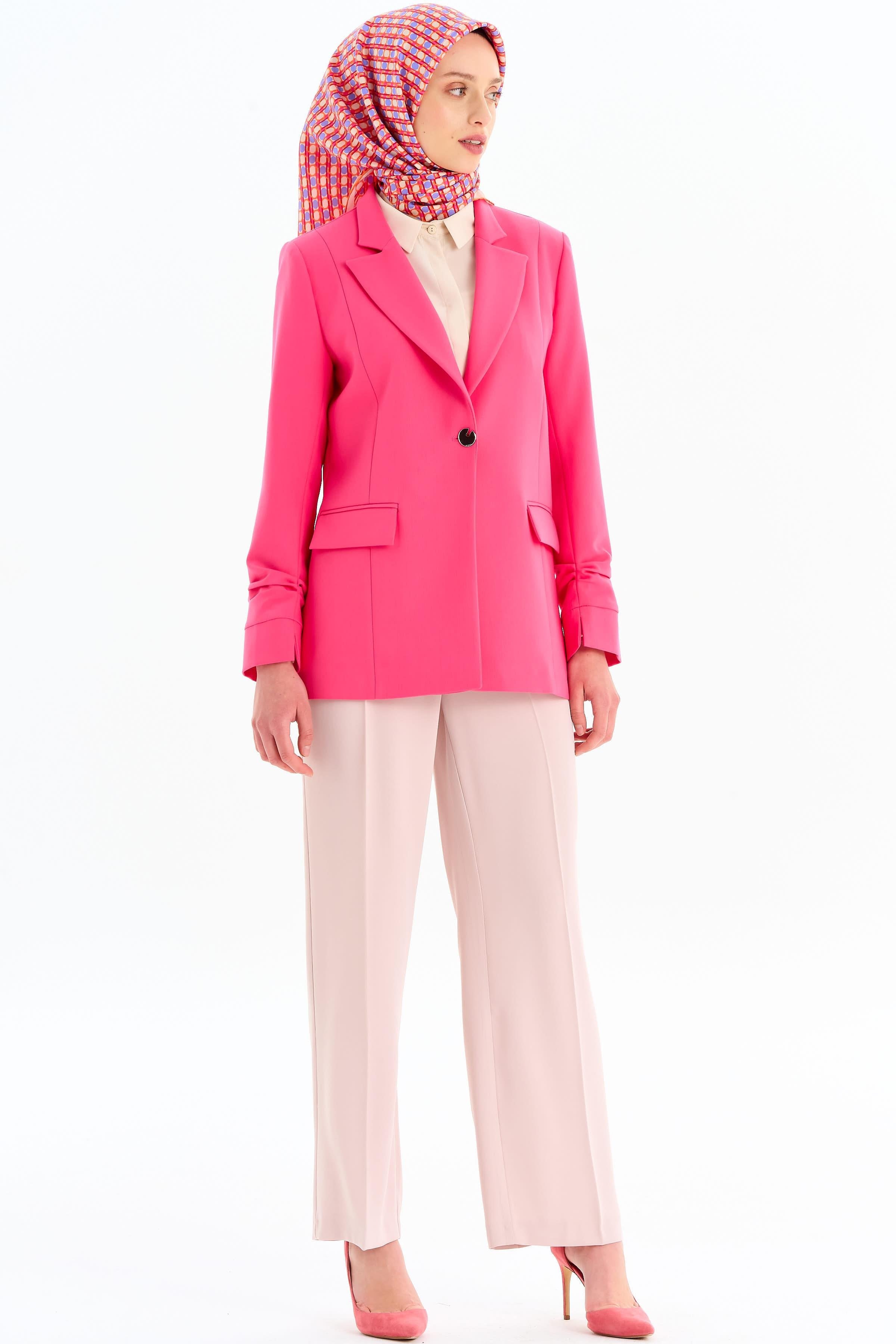 Kolları Büzgülü Tek Düğmeli Basic Ceket - Pembe TUGBA