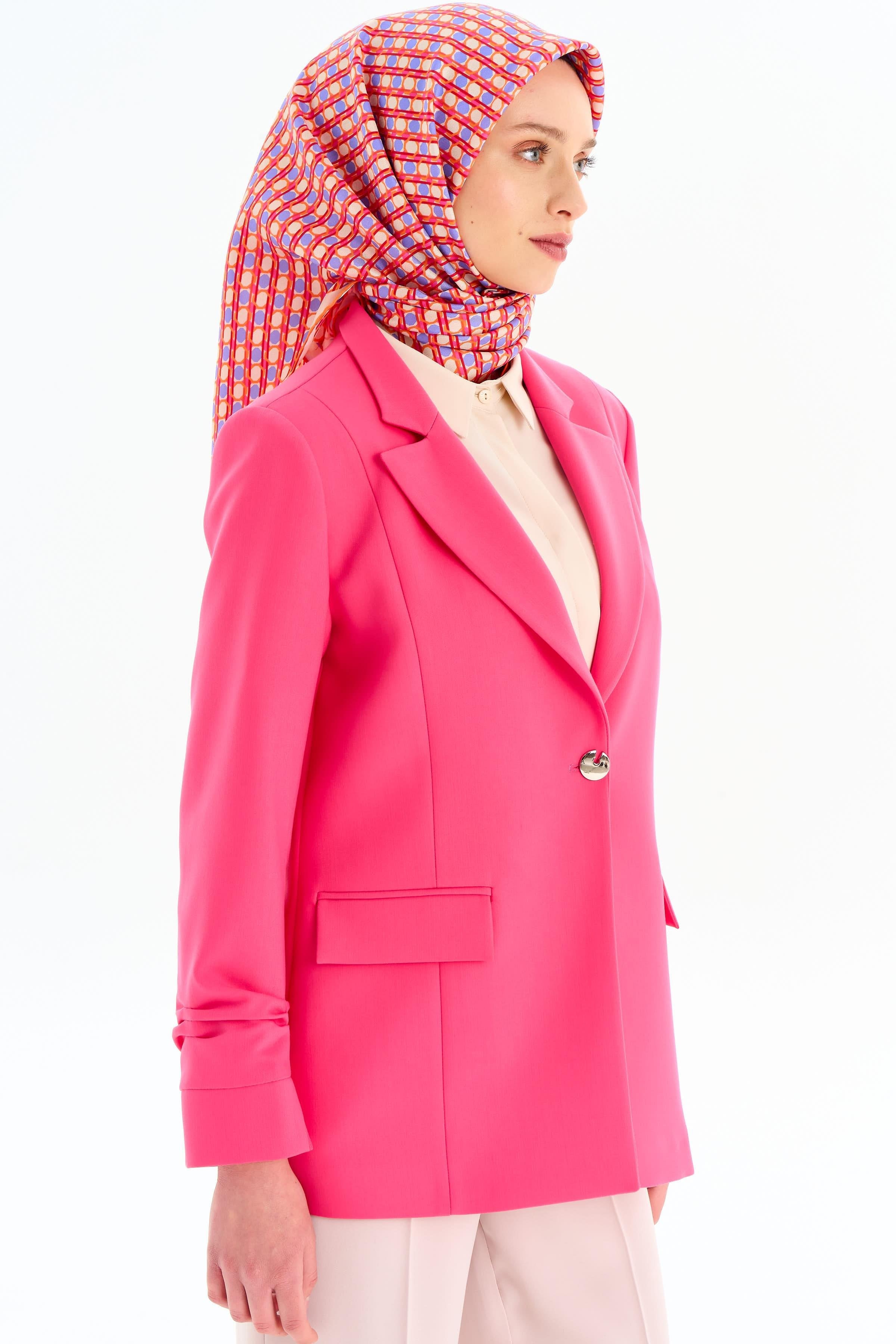 Kolları Büzgülü Tek Düğmeli Basic Ceket - Pembe TUGBA