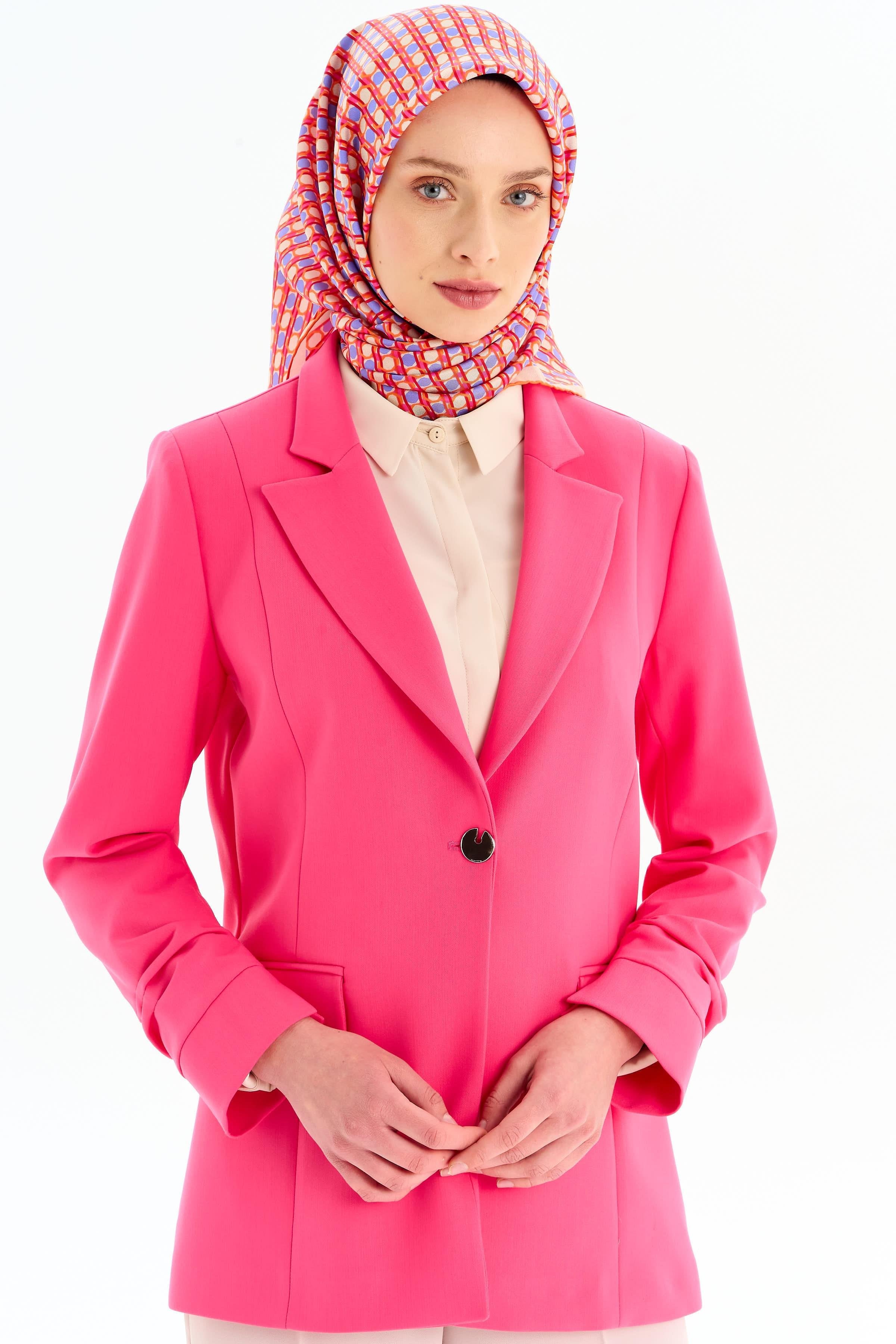 Kolları Büzgülü Tek Düğmeli Basic Ceket - Pembe TUGBA