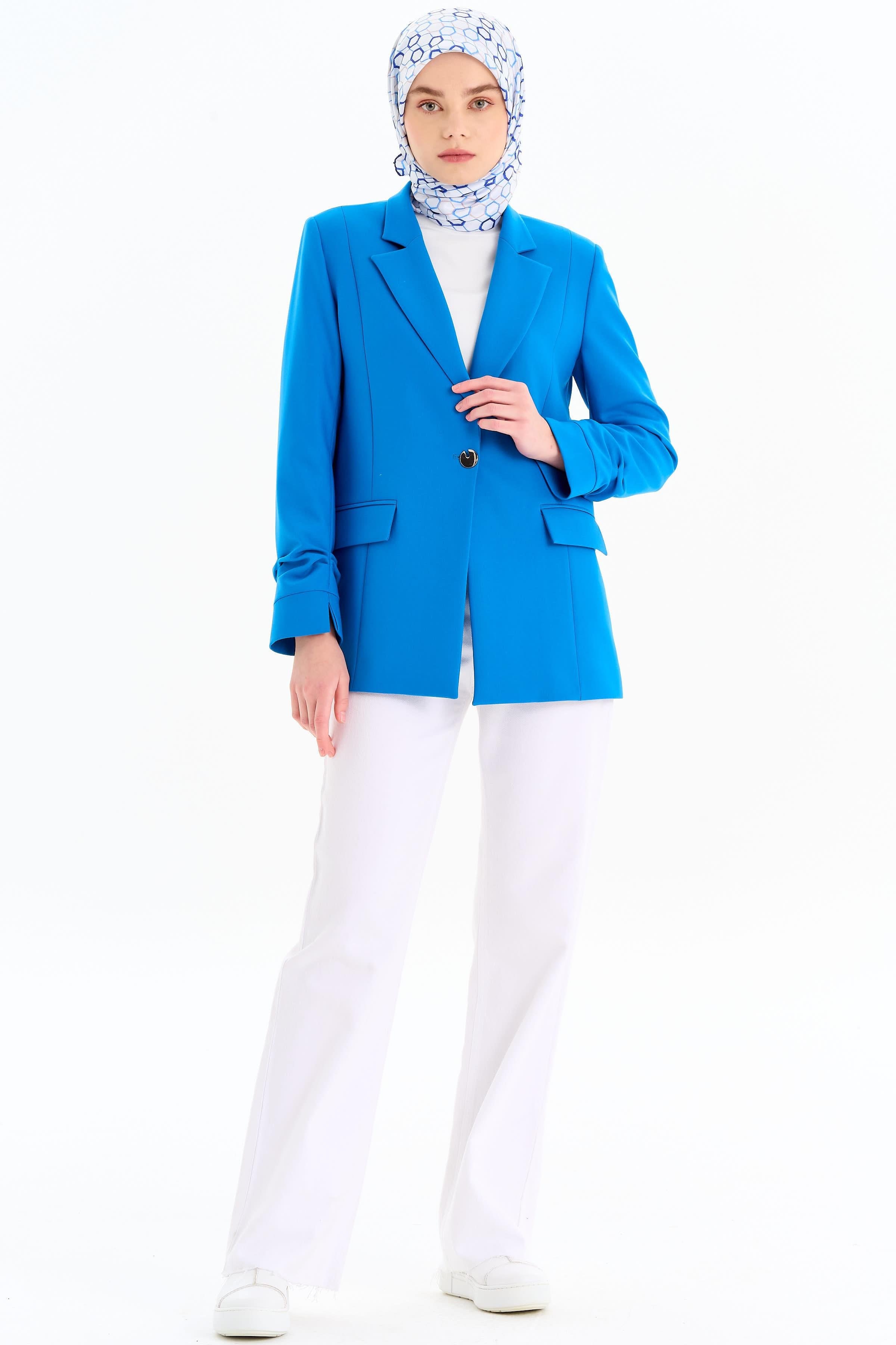 Kolları Büzgülü Tek Düğmeli Basic Ceket - Saks TUGBA