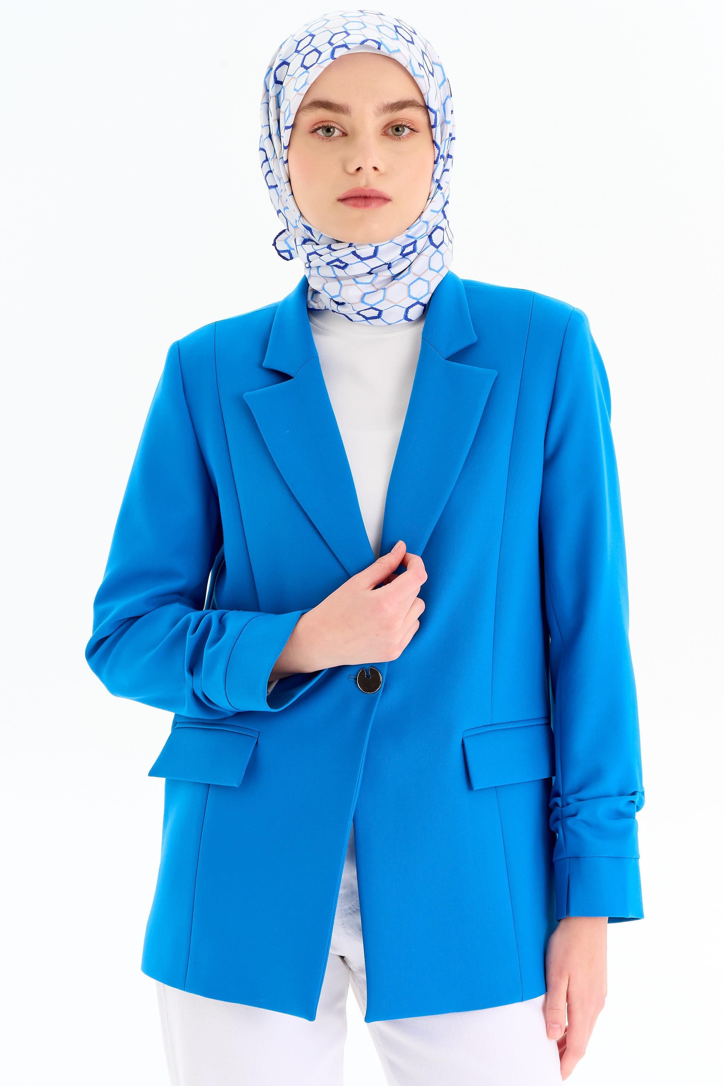 Kolları Büzgülü Tek Düğmeli Basic Ceket - Saks TUGBA