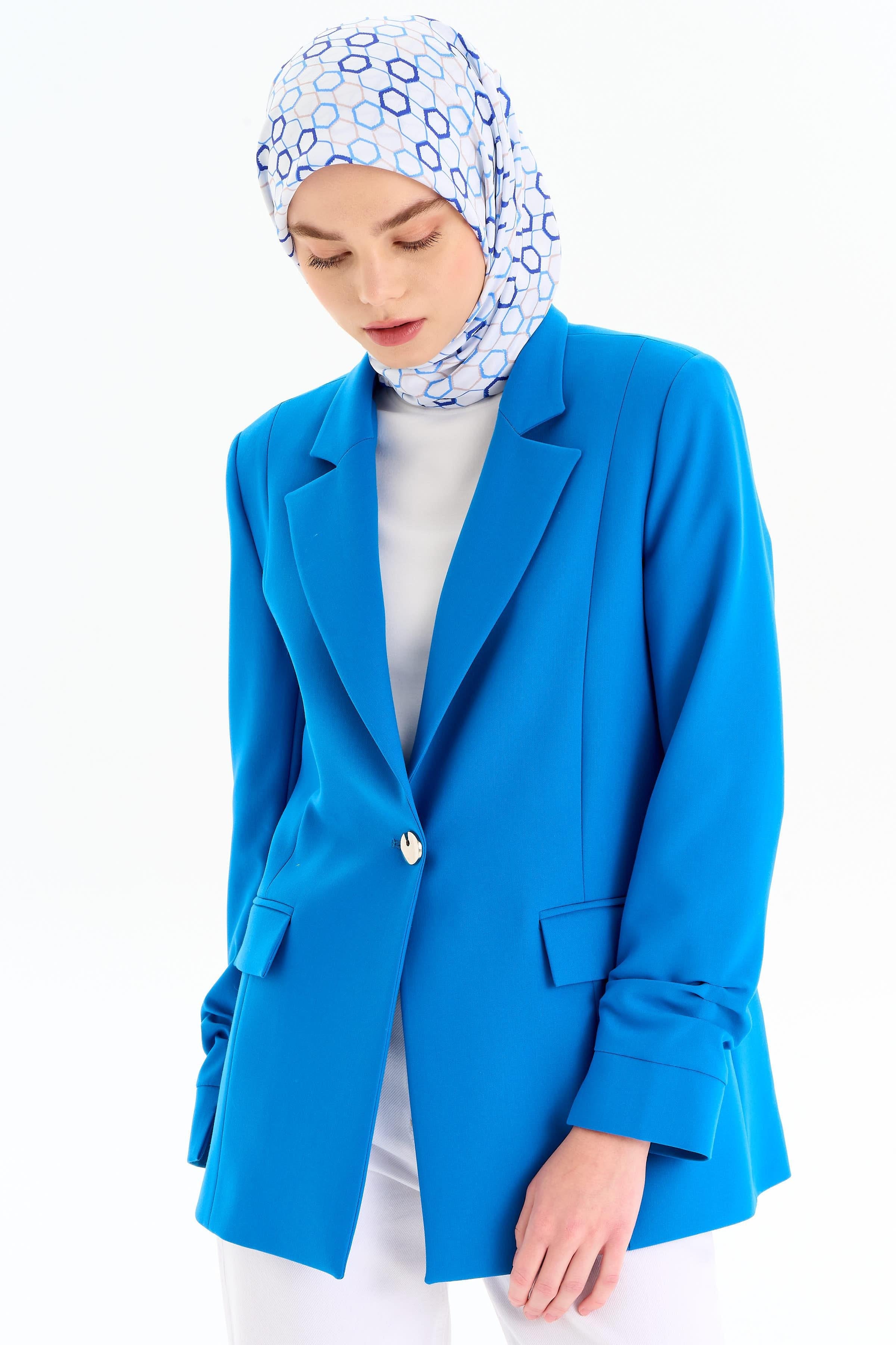 Kolları Büzgülü Tek Düğmeli Basic Ceket - Saks TUGBA