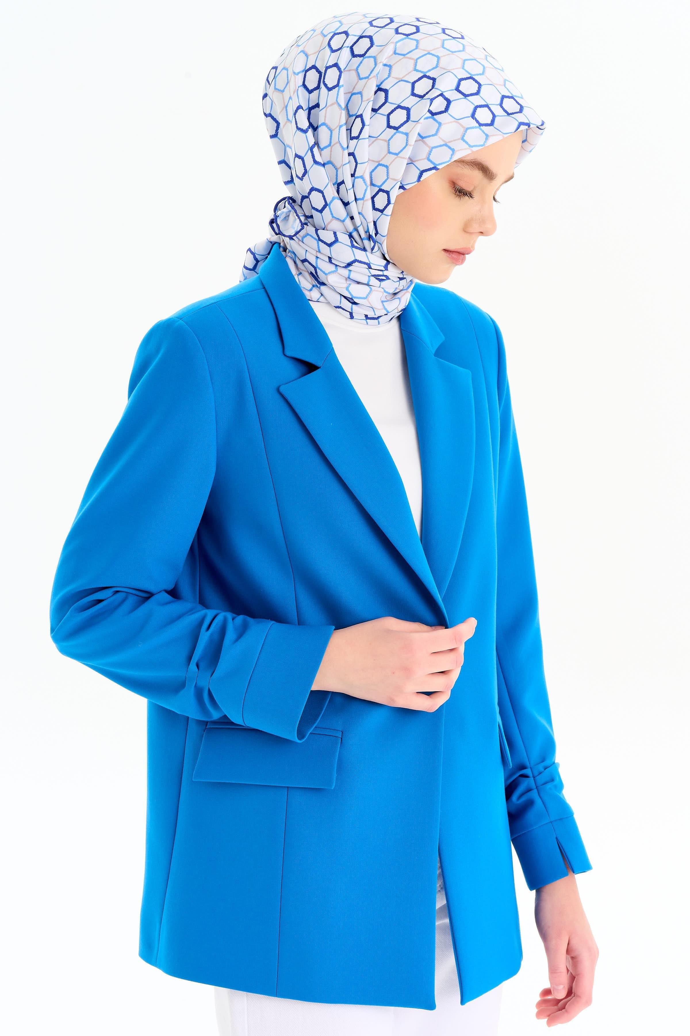 Kolları Büzgülü Tek Düğmeli Basic Ceket - Saks TUGBA