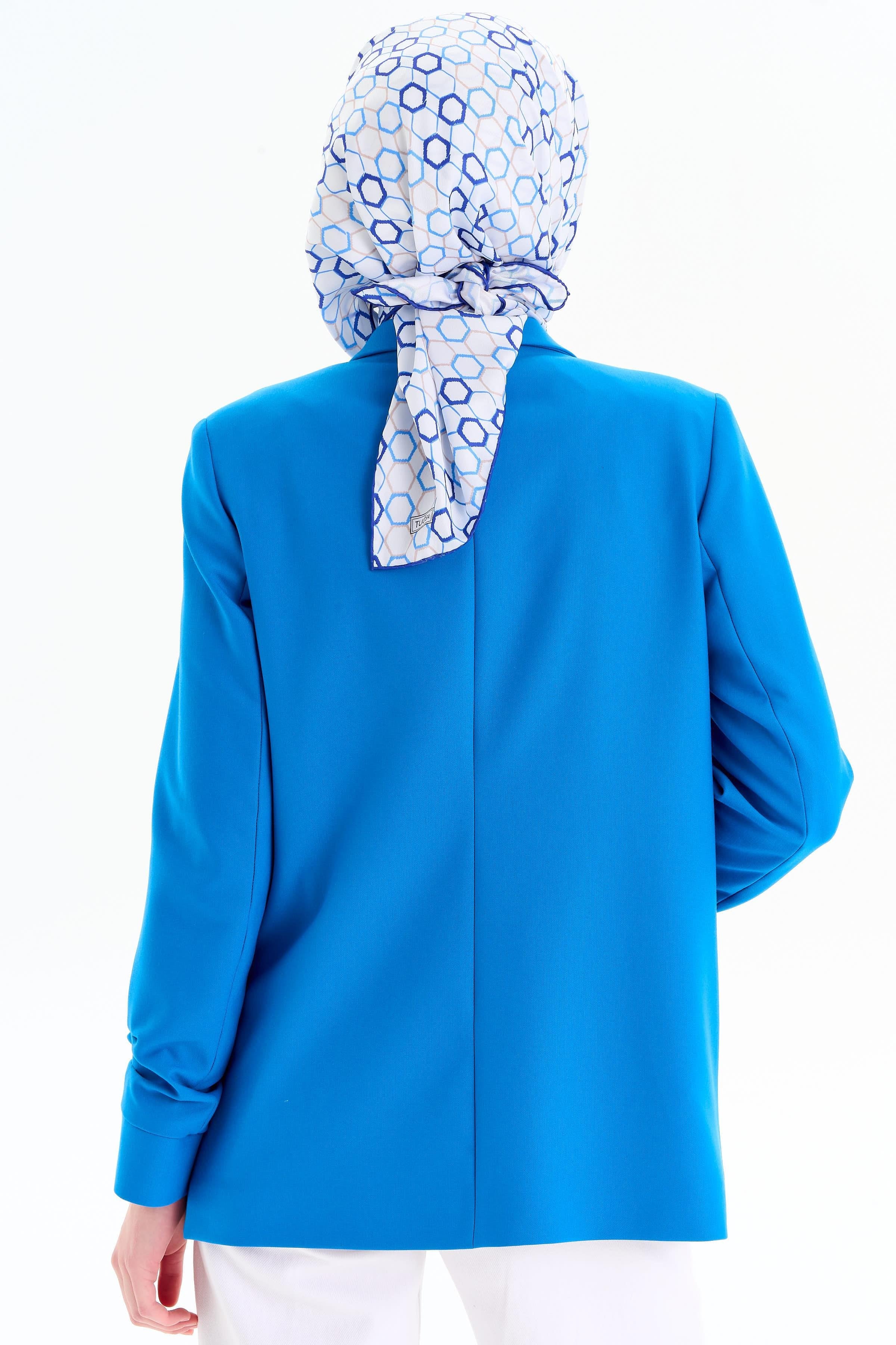 Kolları Büzgülü Tek Düğmeli Basic Ceket - Saks TUGBA