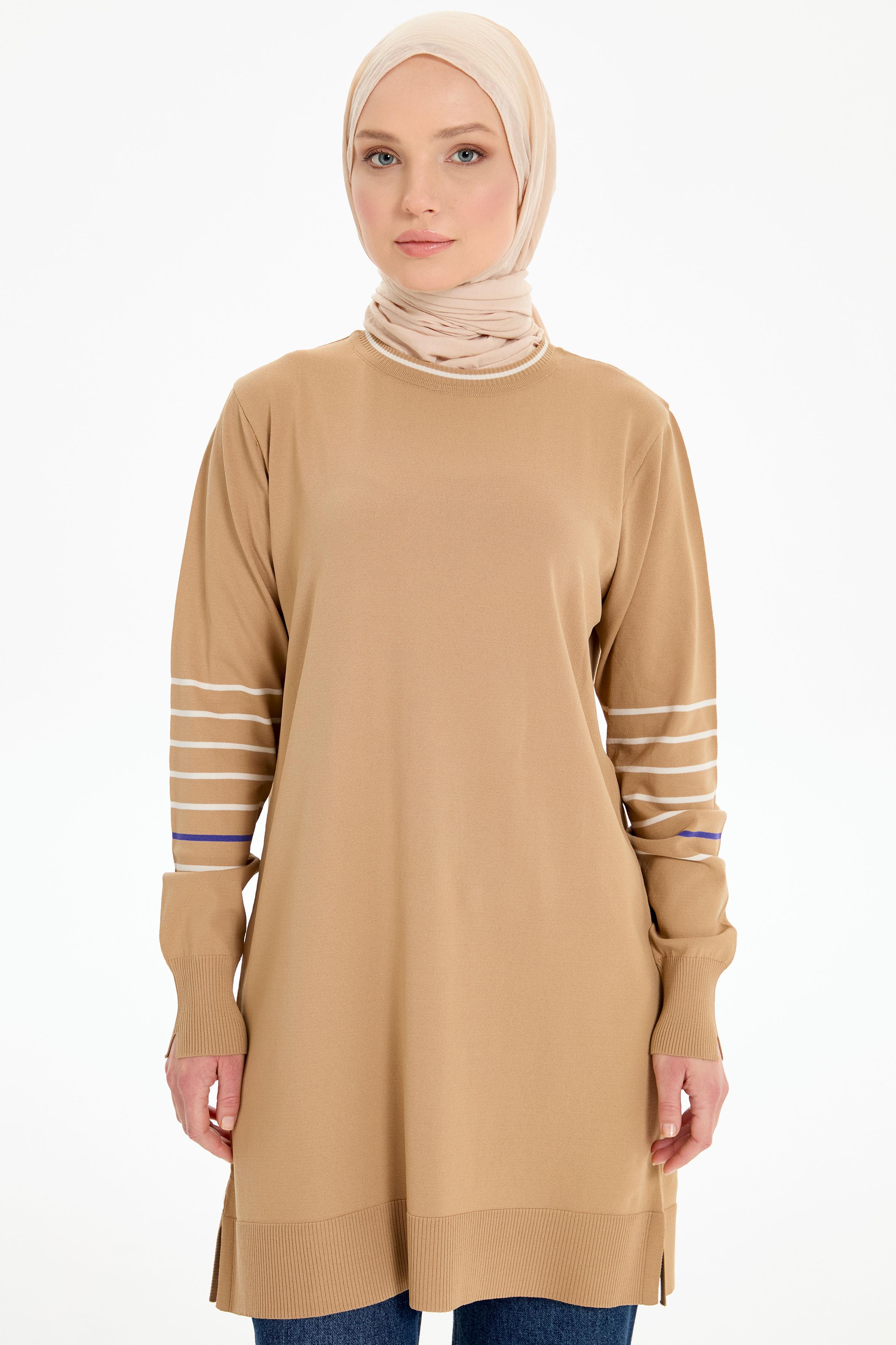 Kolları Çizgili Rayon Tunik - Bej TUGBA
