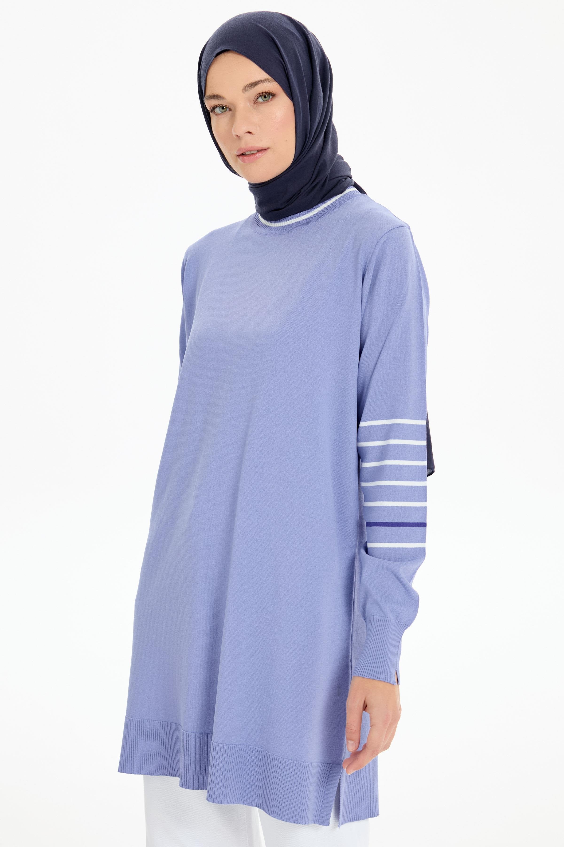 Kolları Çizgili Rayon Tunik - Lila TUGBA