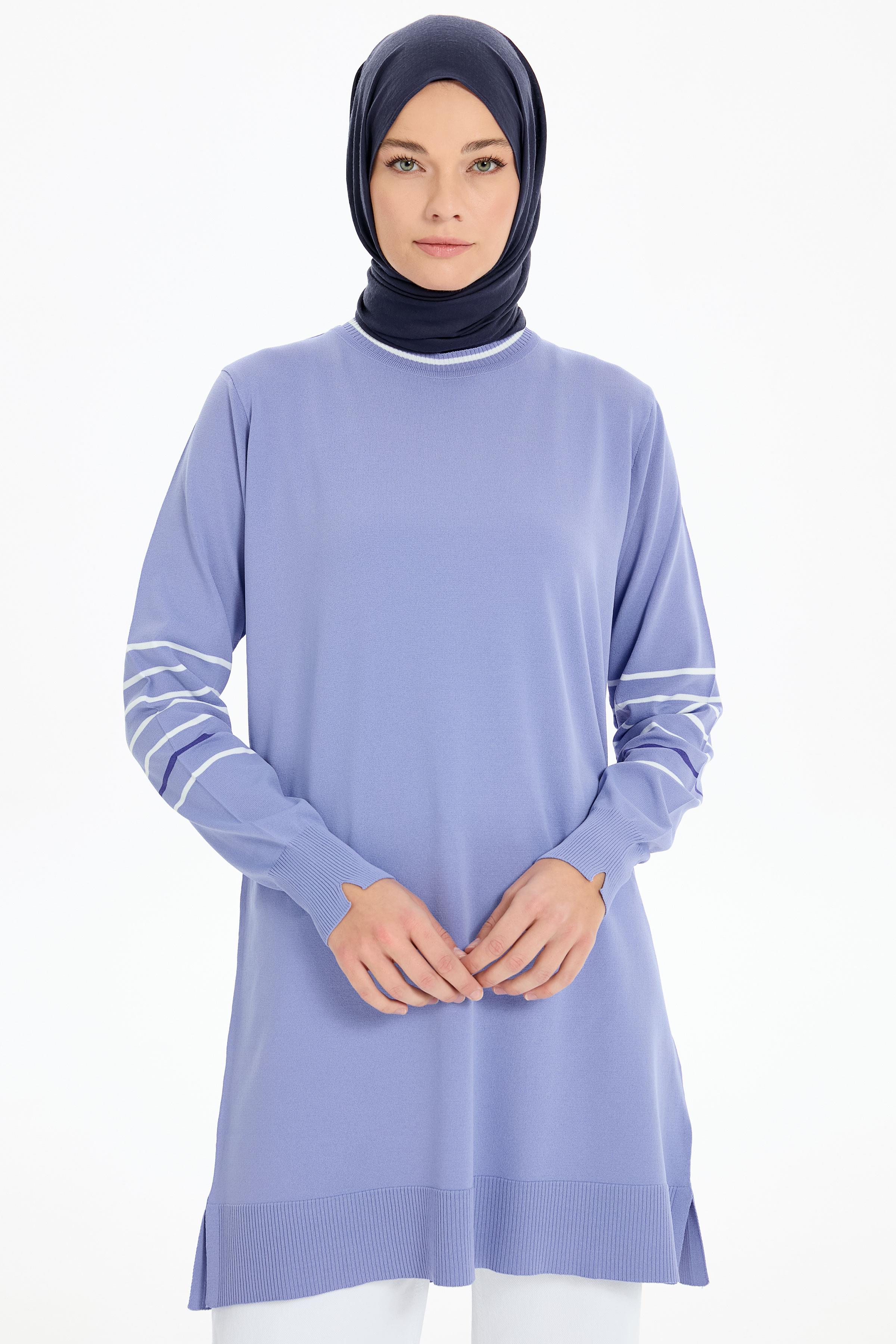 Kolları Çizgili Rayon Tunik - Lila TUGBA