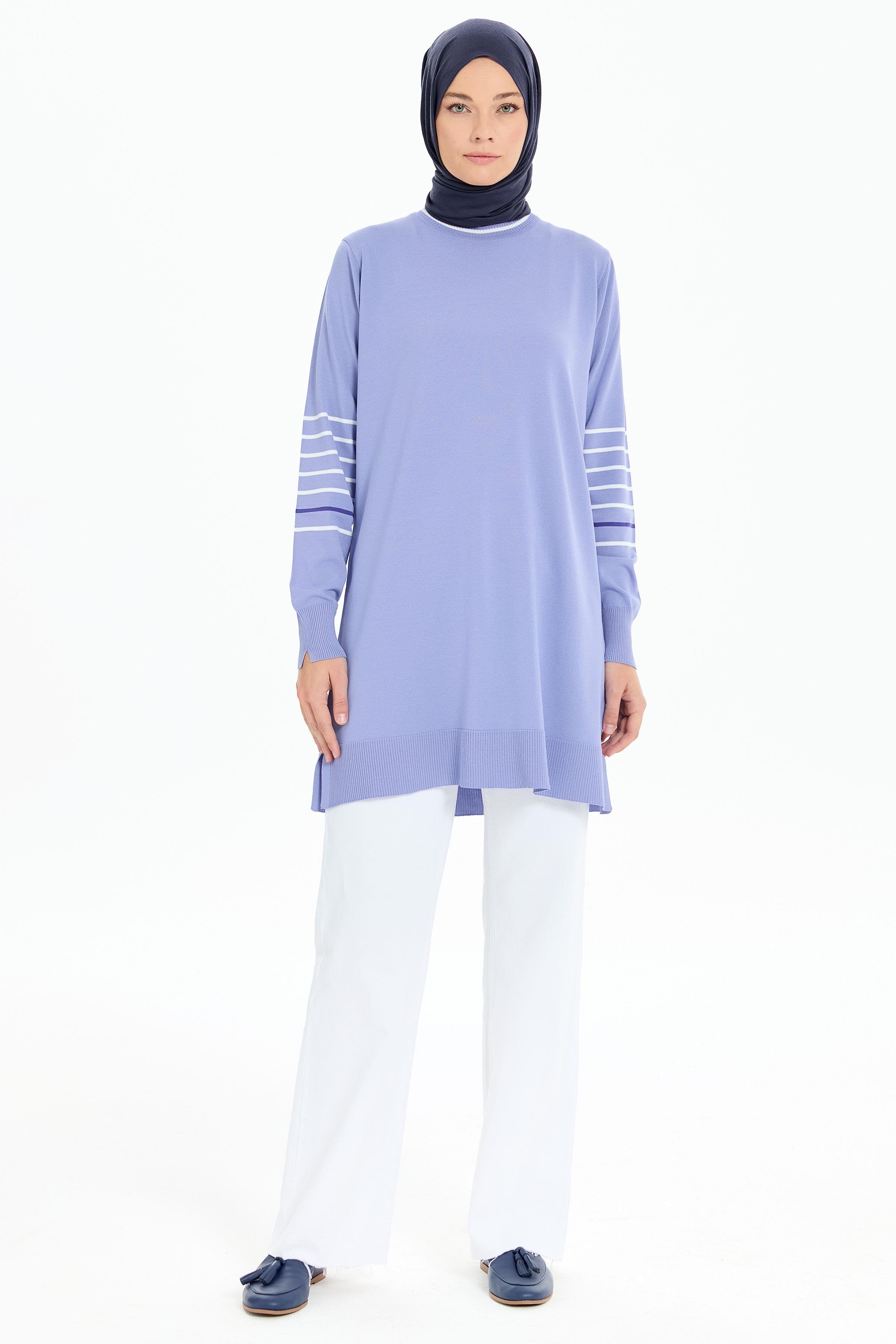 Kolları Çizgili Rayon Tunik - Lila TUGBA
