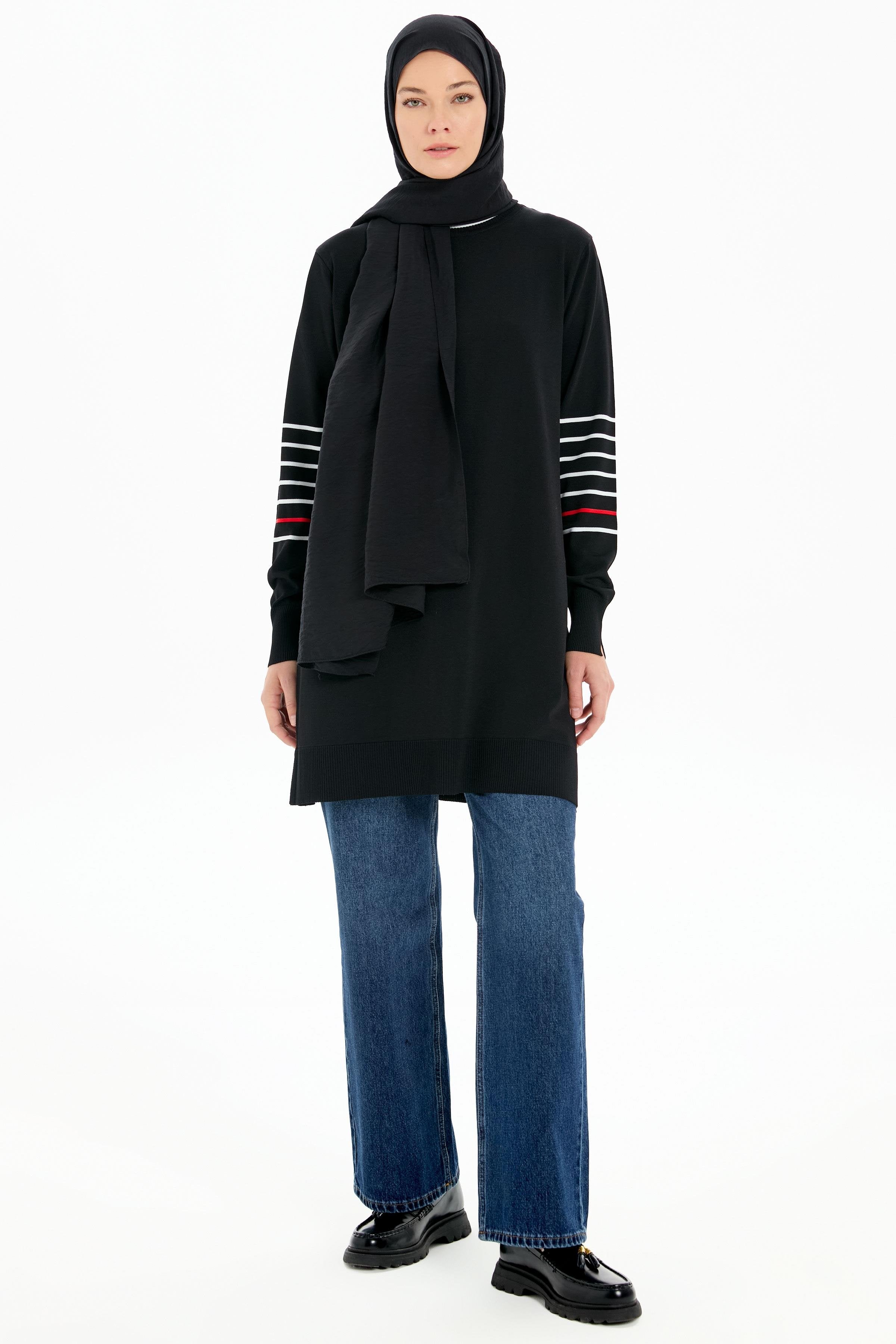 Kolları Çizgili Rayon Tunik - Siyah TUGBA