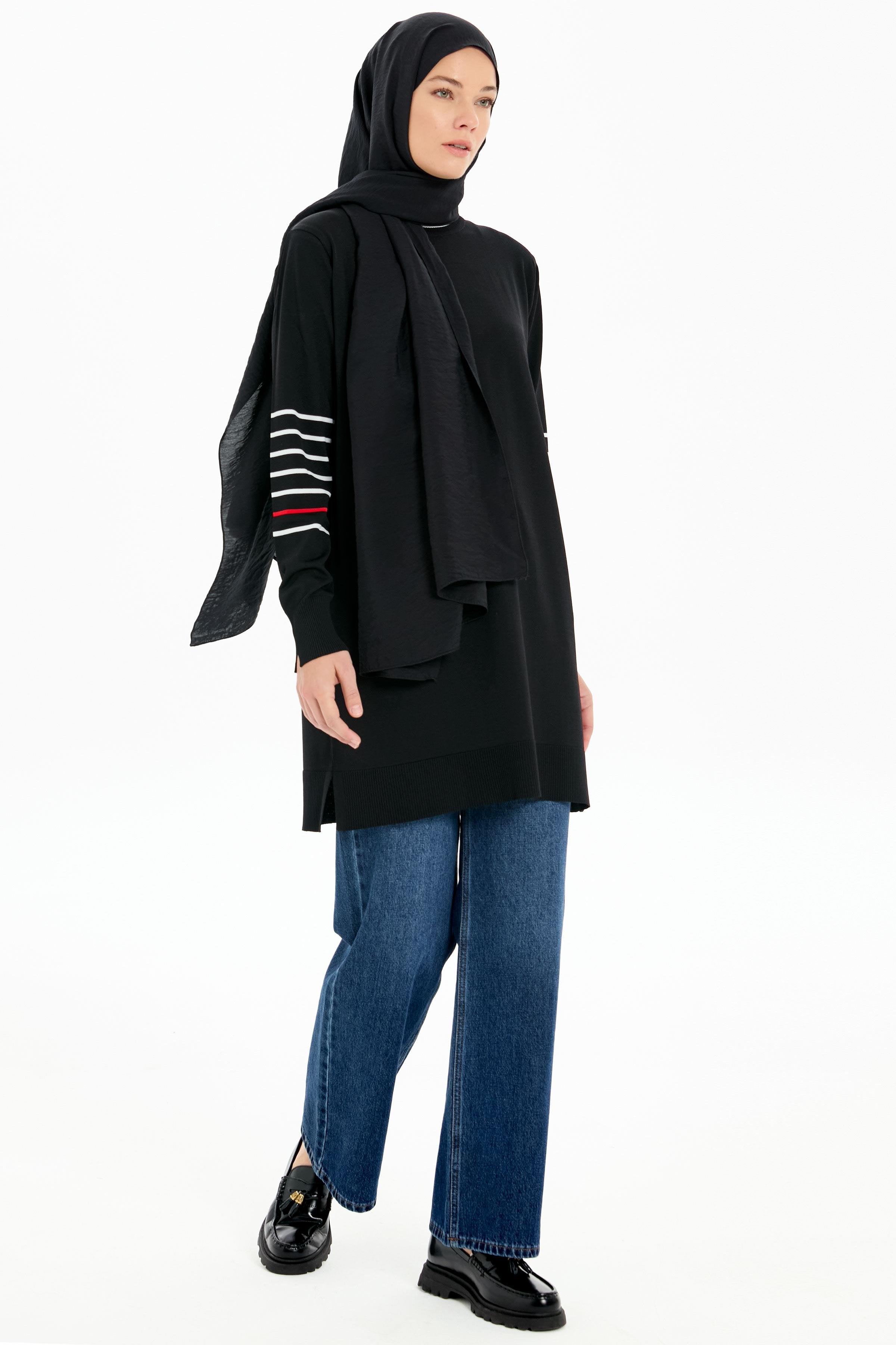 Kolları Çizgili Rayon Tunik - Siyah TUGBA