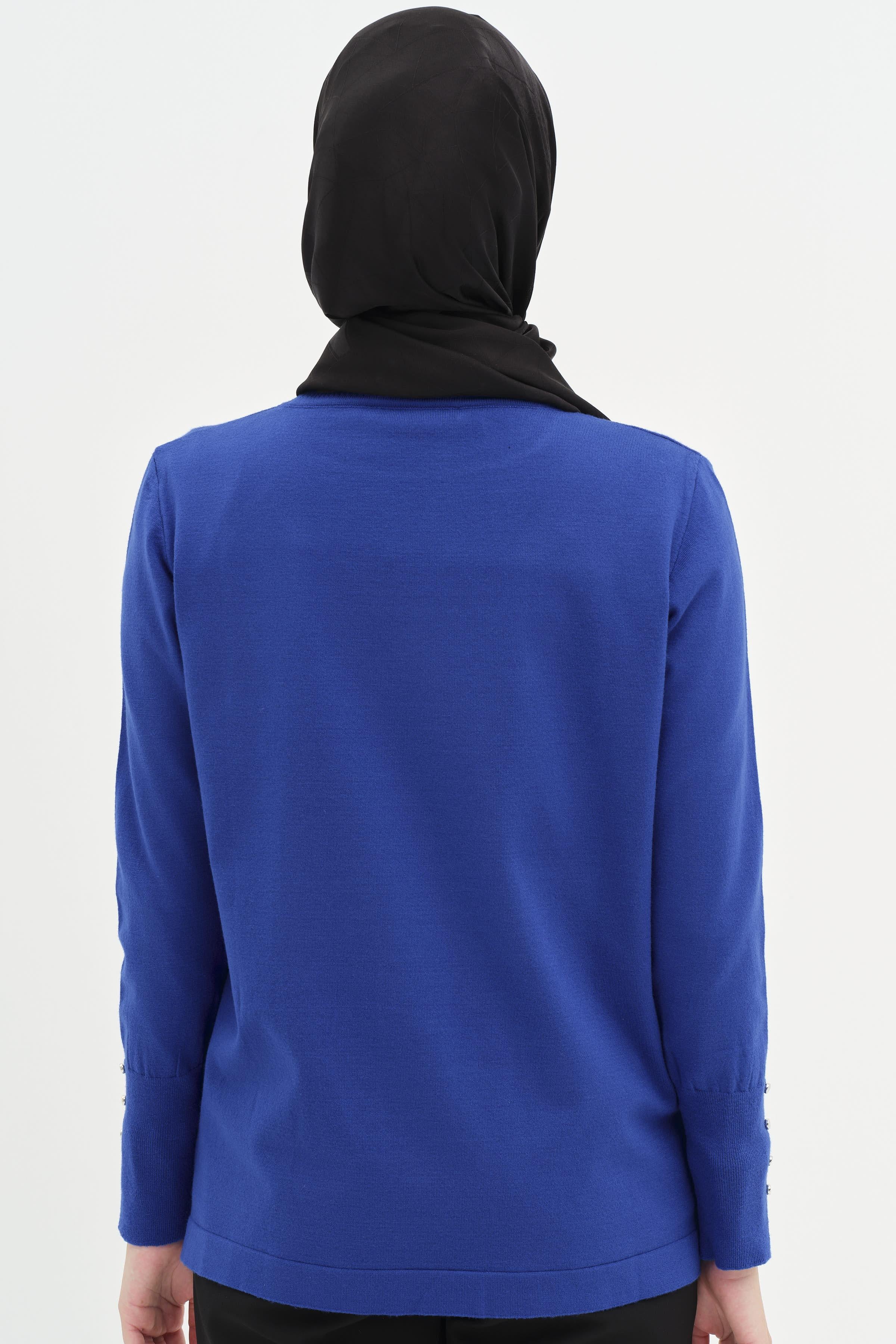 Kolları Düğme Detaylı Sıfır Yaka Kazak - Saks TUGBA