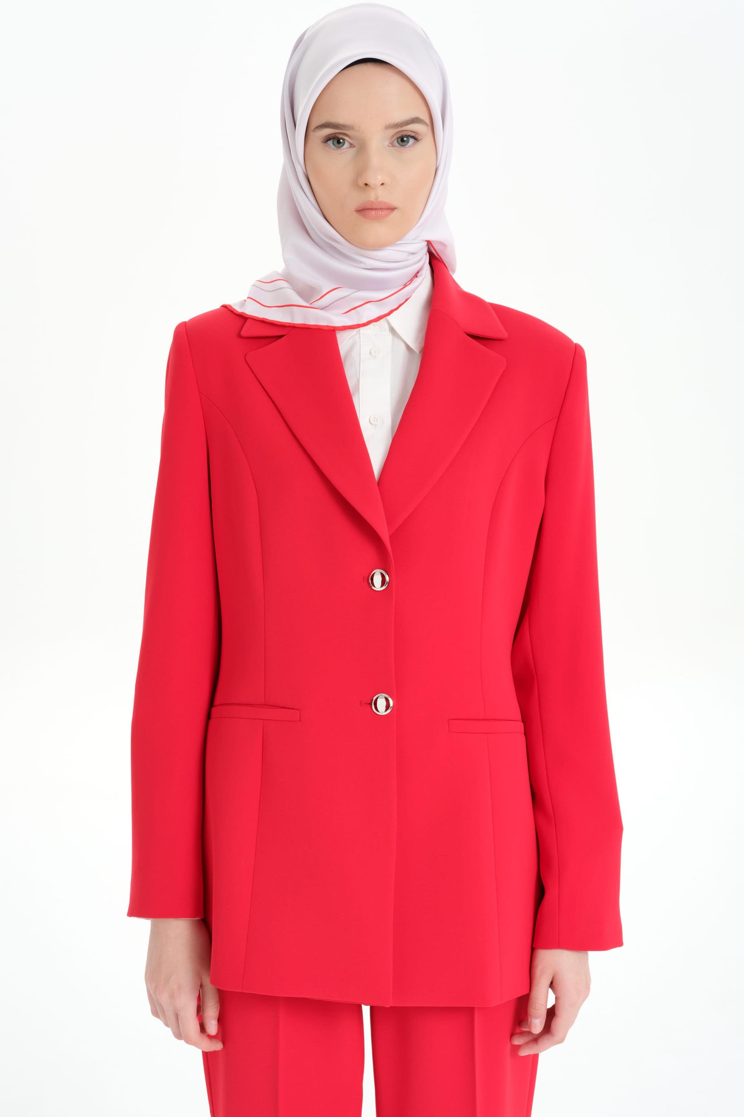 Kolları Düğmeli Blazer Ceket - Kırmızı TUGBA