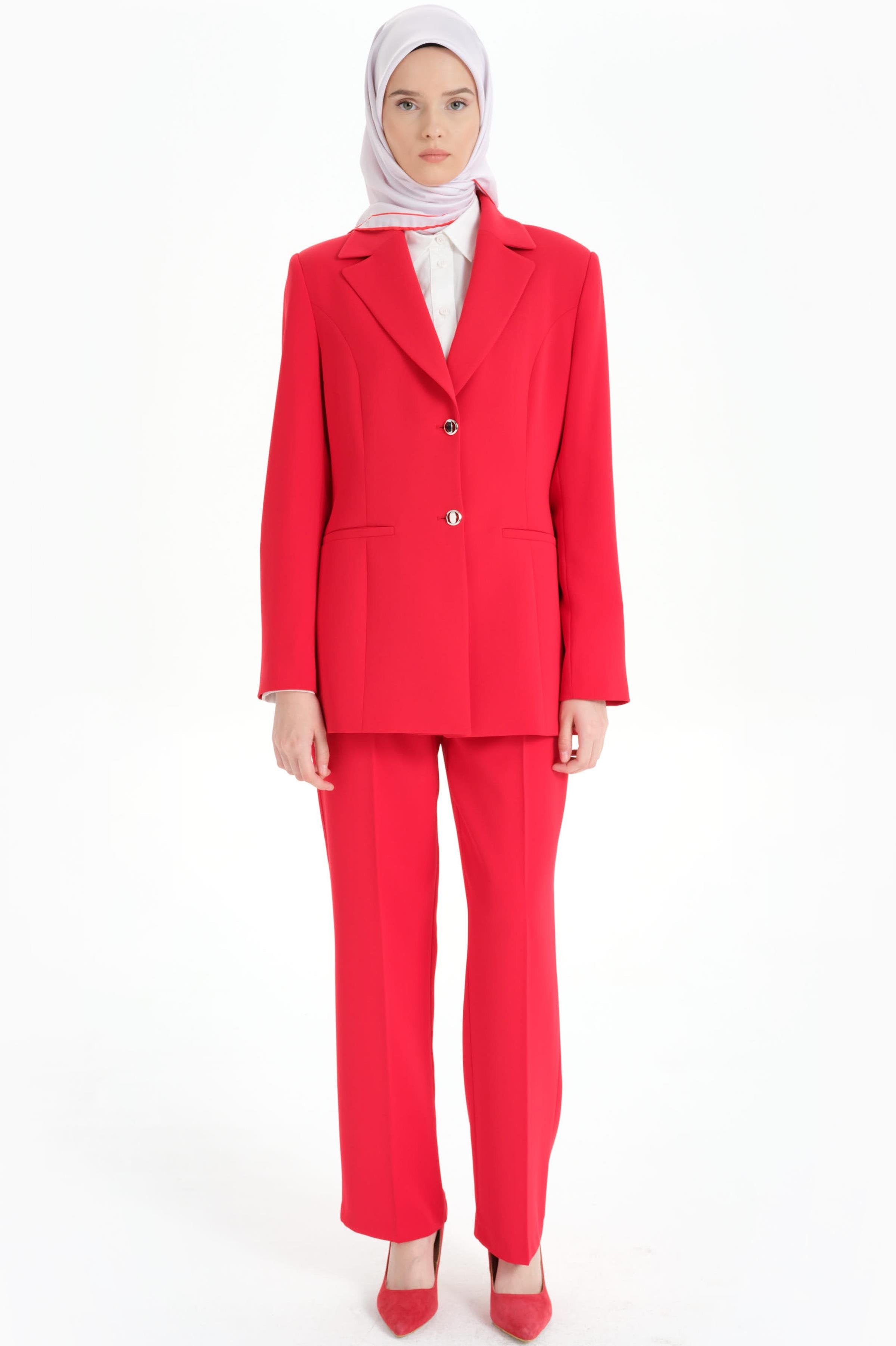 Kolları Düğmeli Blazer Ceket - Kırmızı TUGBA