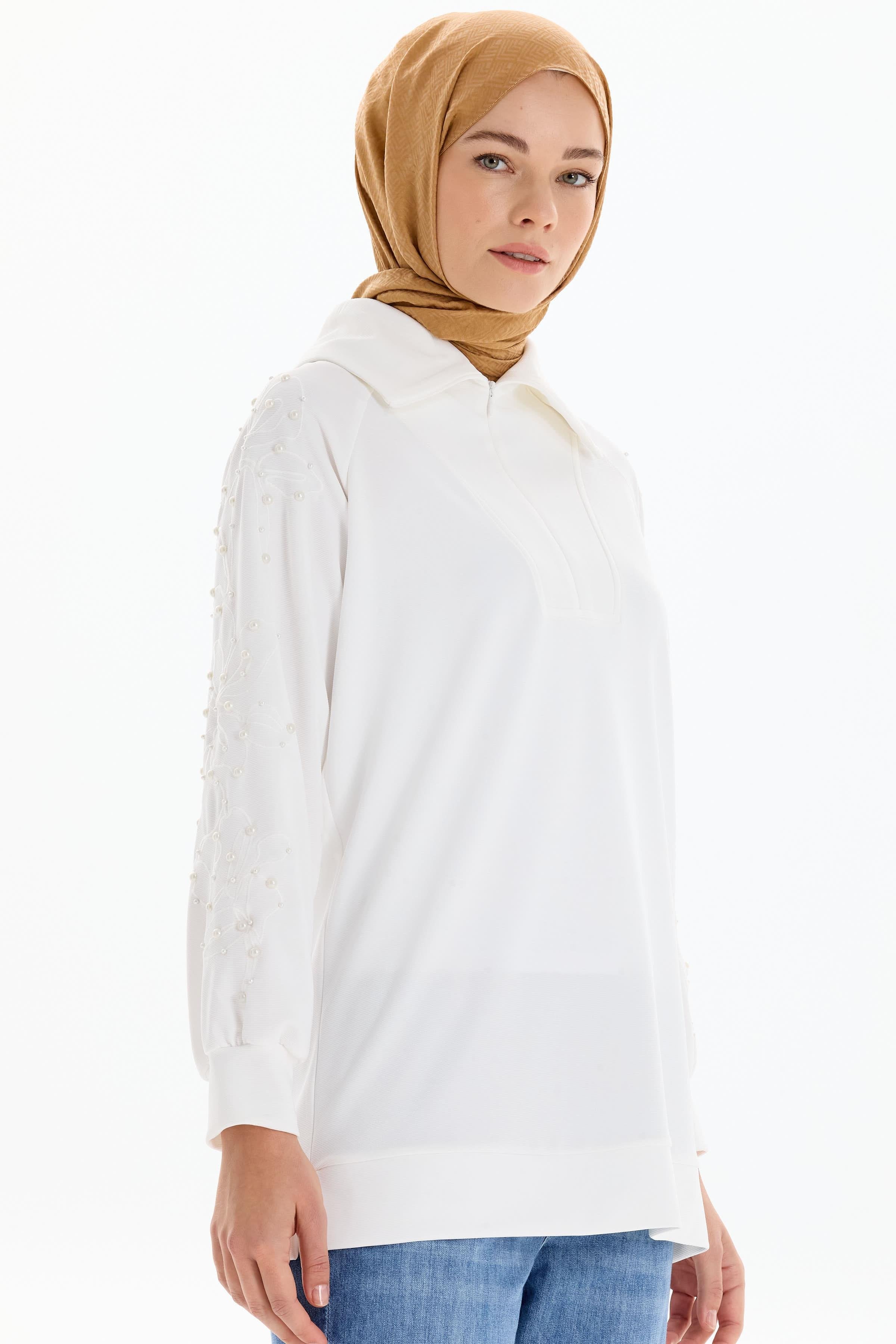 Kolları Nakış İşlemeli Örme Sweat - Ekru TUGBA