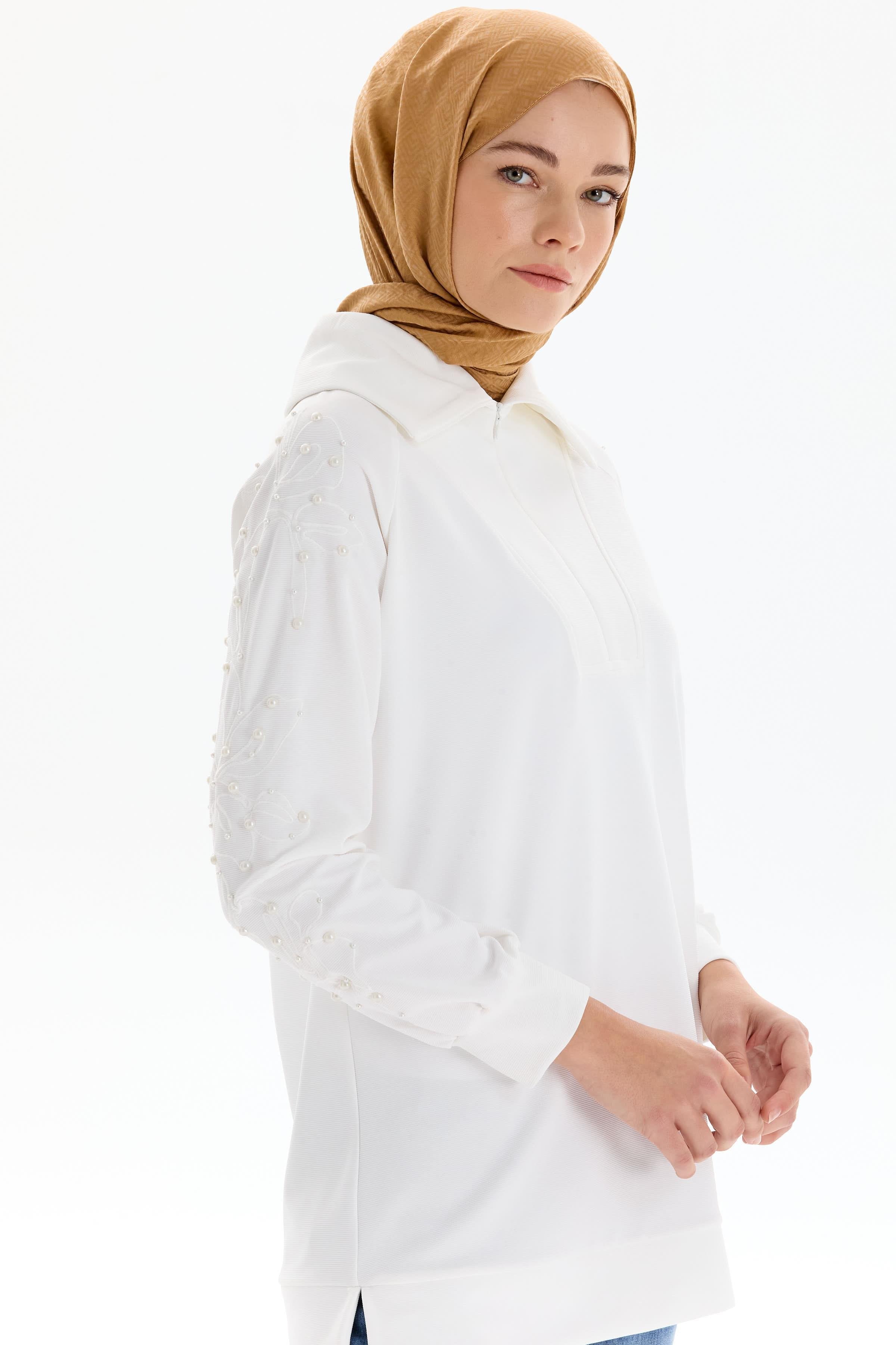 Kolları Nakış İşlemeli Örme Sweat - Ekru TUGBA