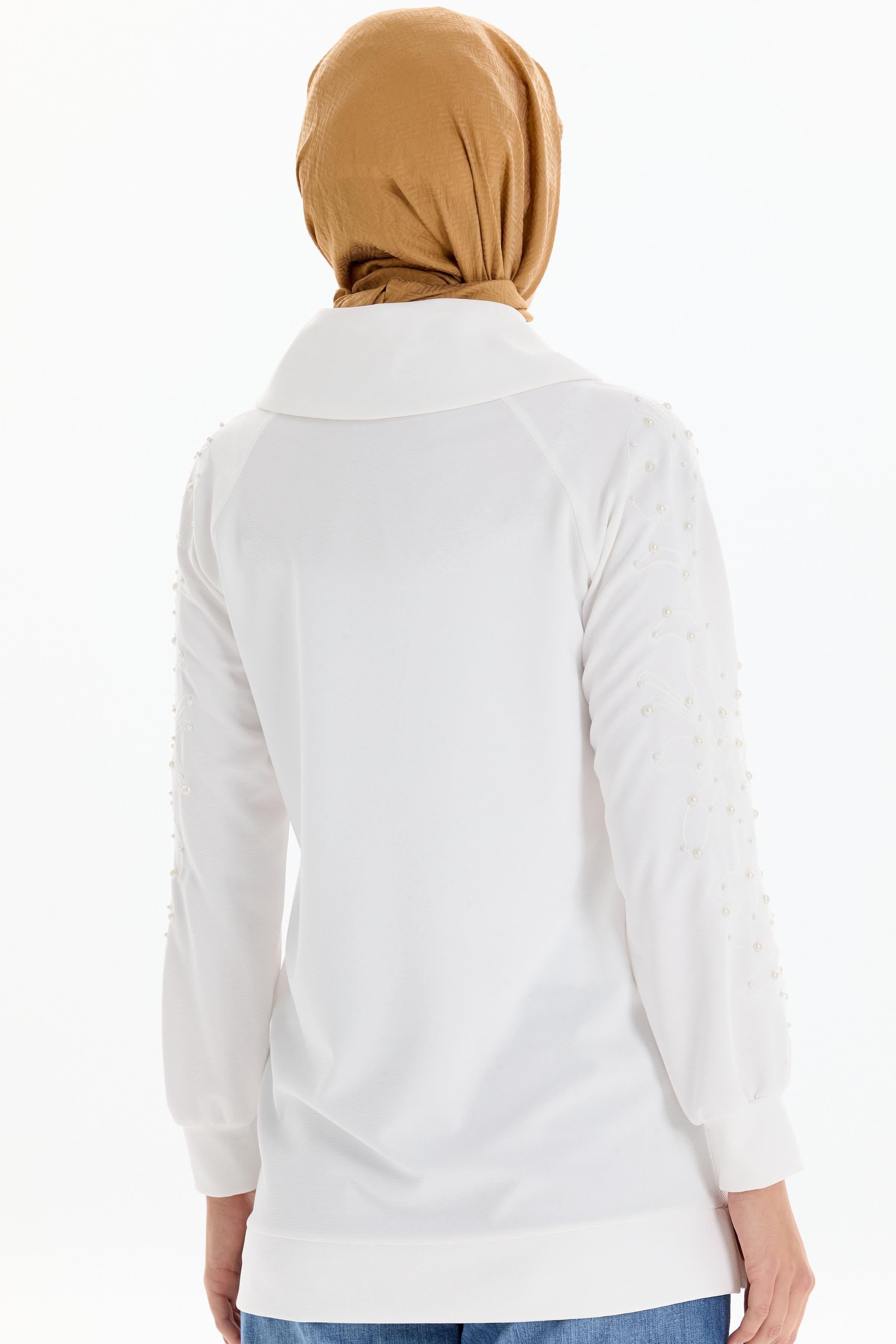 Kolları Nakış İşlemeli Örme Sweat - Ekru TUGBA