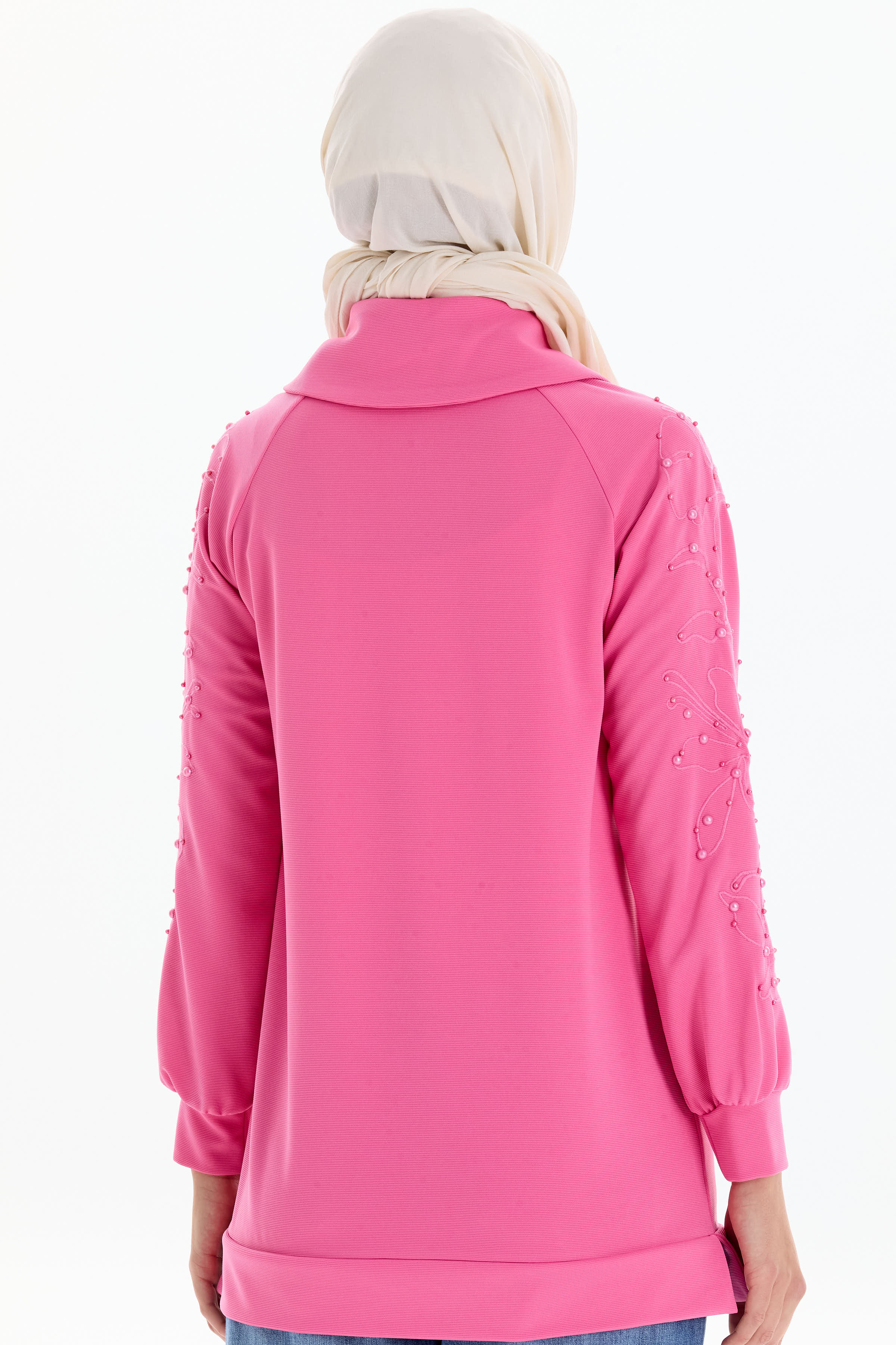 Kolları Nakış İşlemeli Örme Sweat - Pembe TUGBA