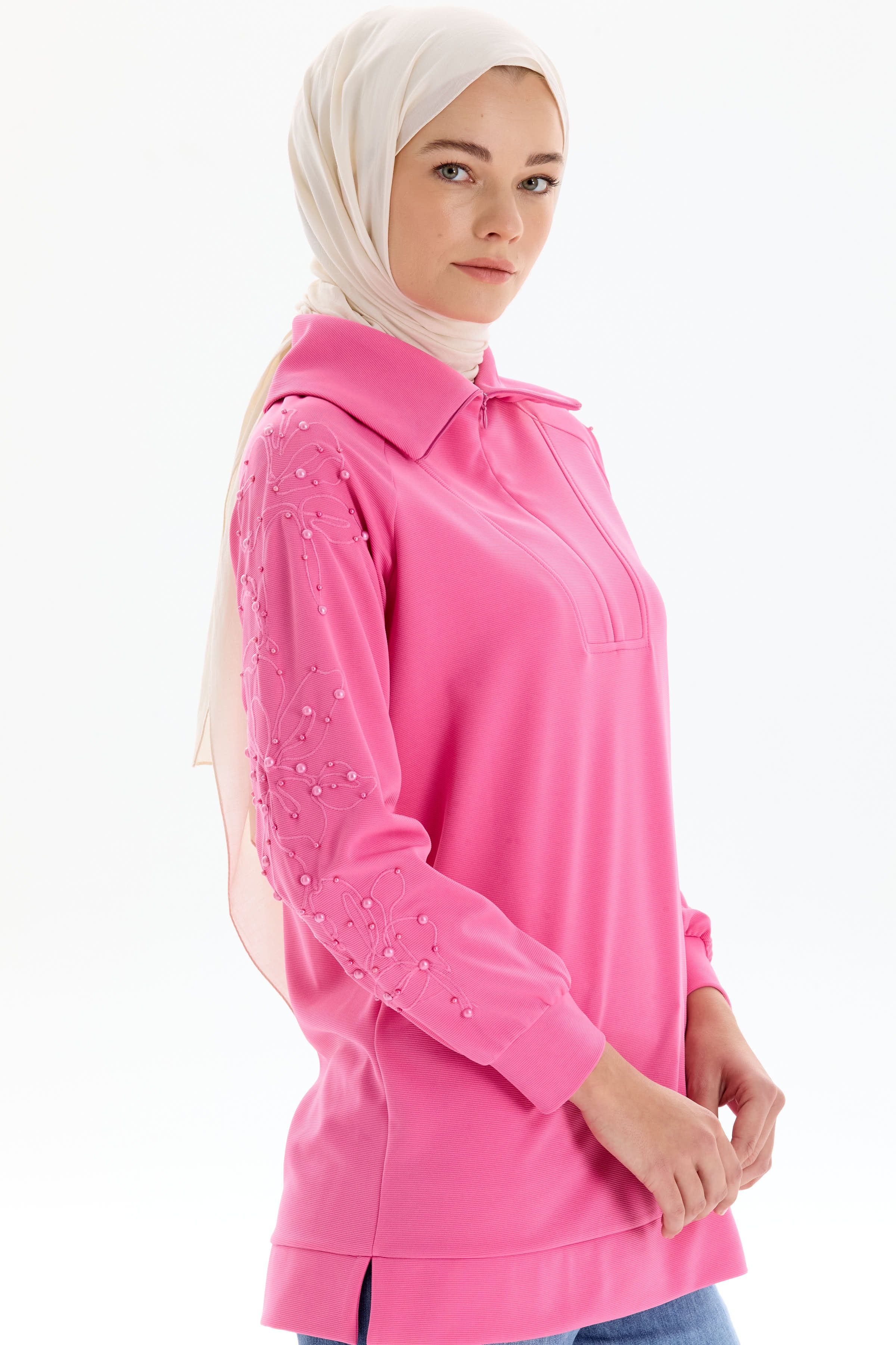 Kolları Nakış İşlemeli Örme Sweat - Pembe TUGBA