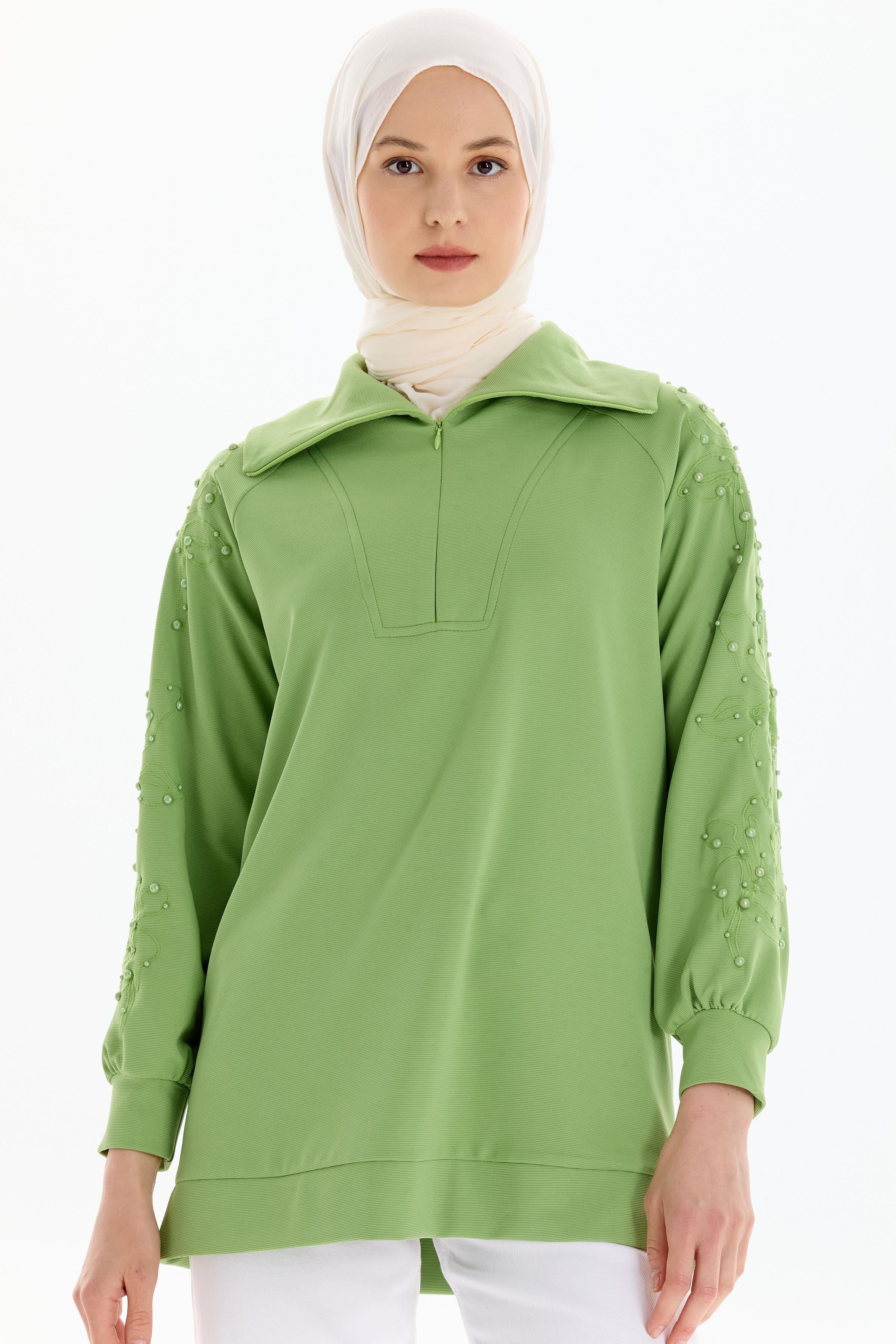 Kolları Nakış İşlemeli Örme Sweat - Yeşil TUGBA