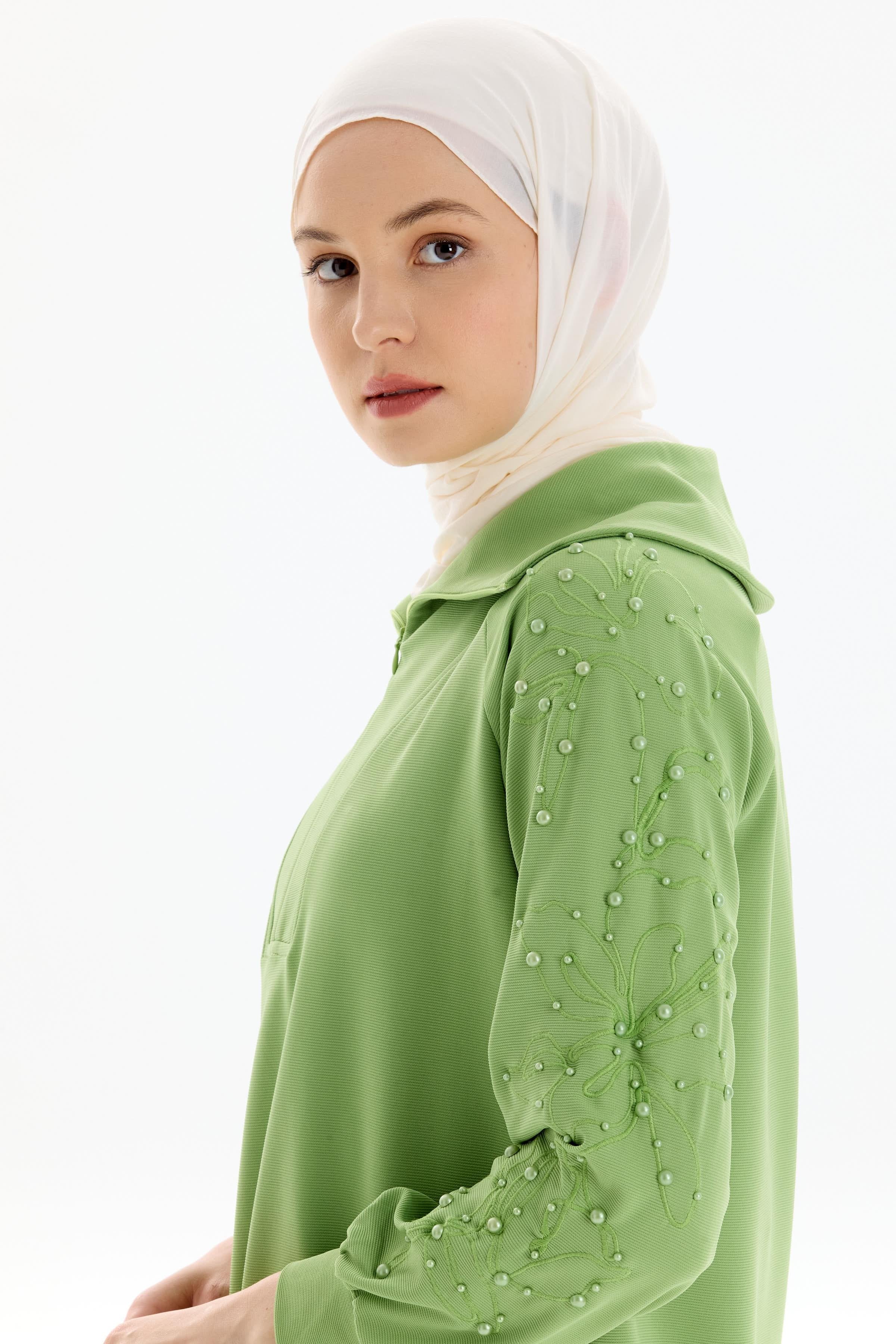 Kolları Nakış İşlemeli Örme Sweat - Yeşil TUGBA