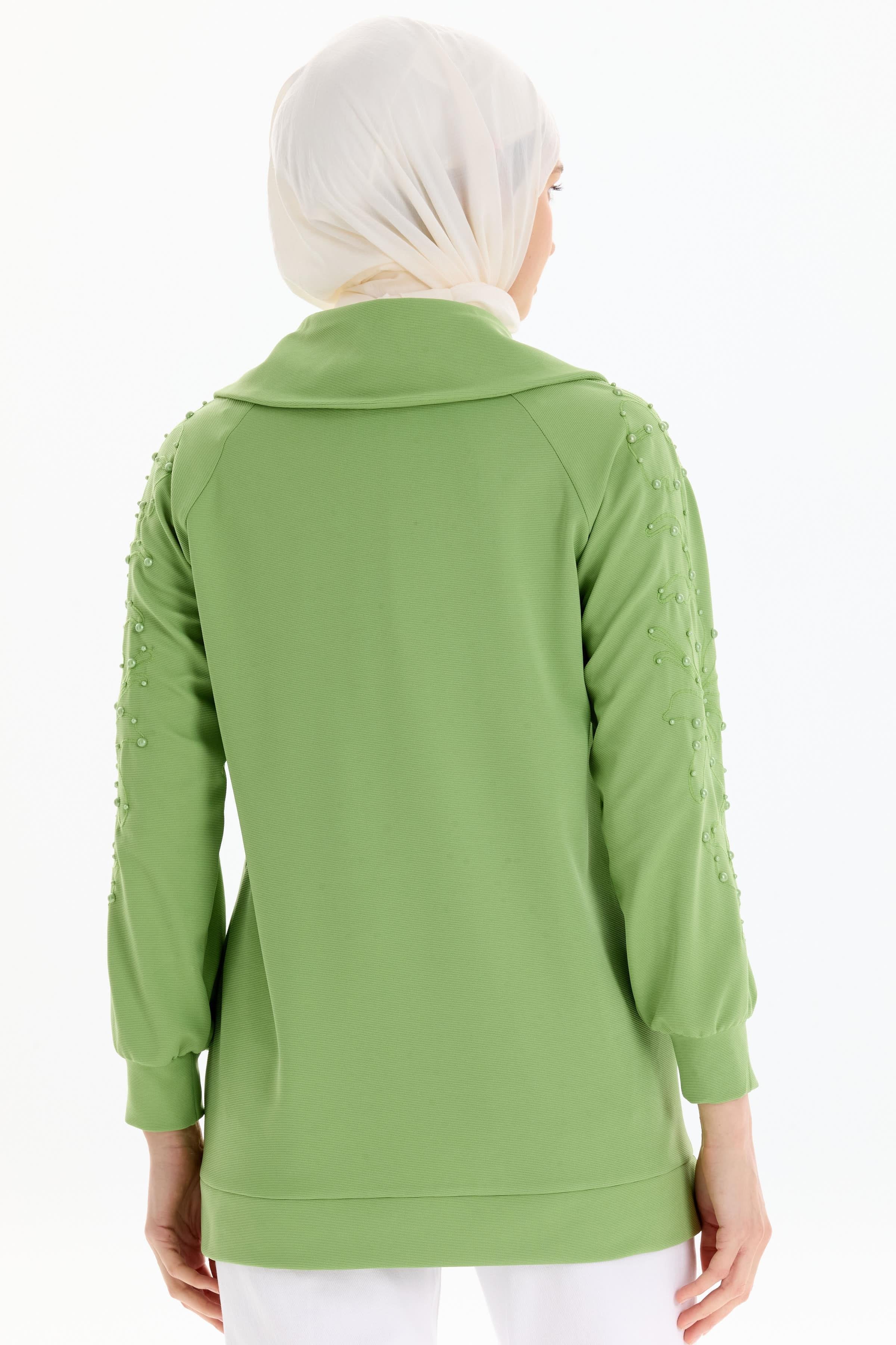 Kolları Nakış İşlemeli Örme Sweat - Yeşil TUGBA