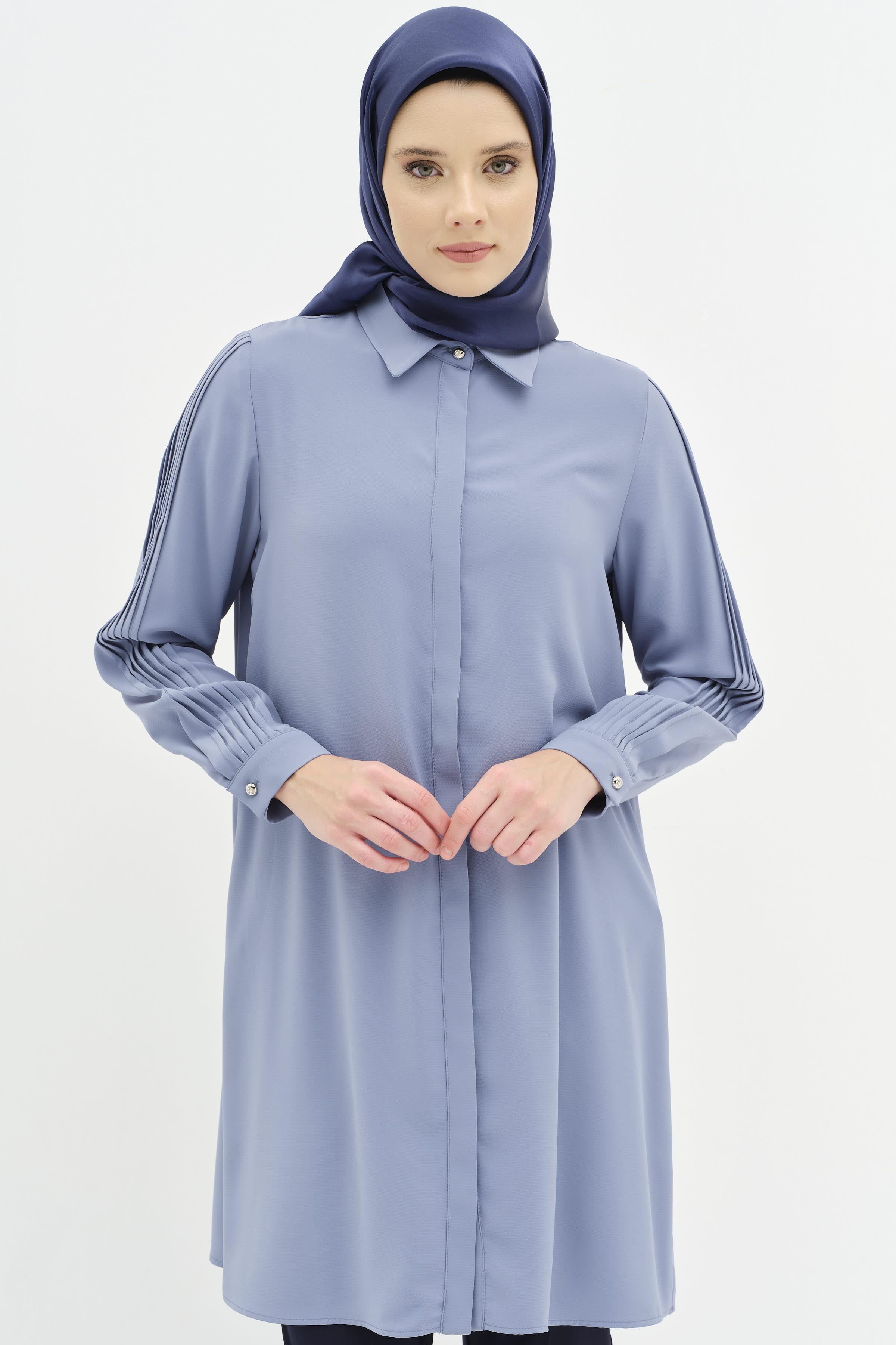 Kolları Nervür Detaylı Tunik - Mavi TUGBA