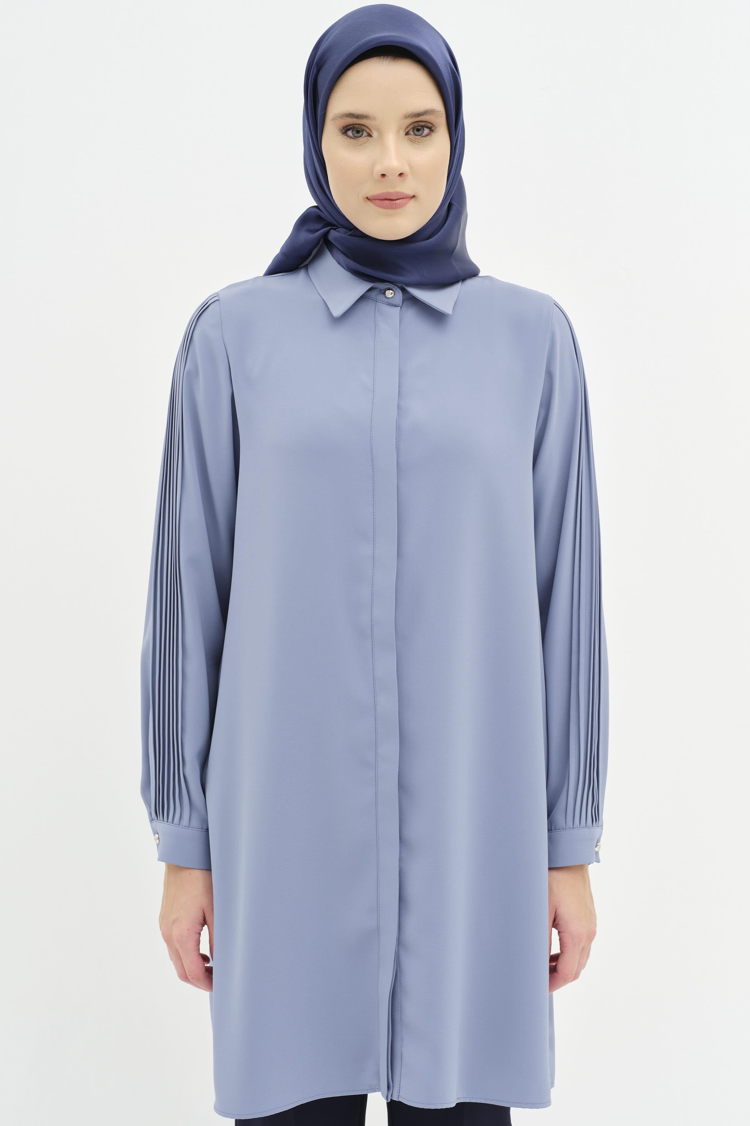 Kolları Nervür Detaylı Tunik - Mavi TUGBA