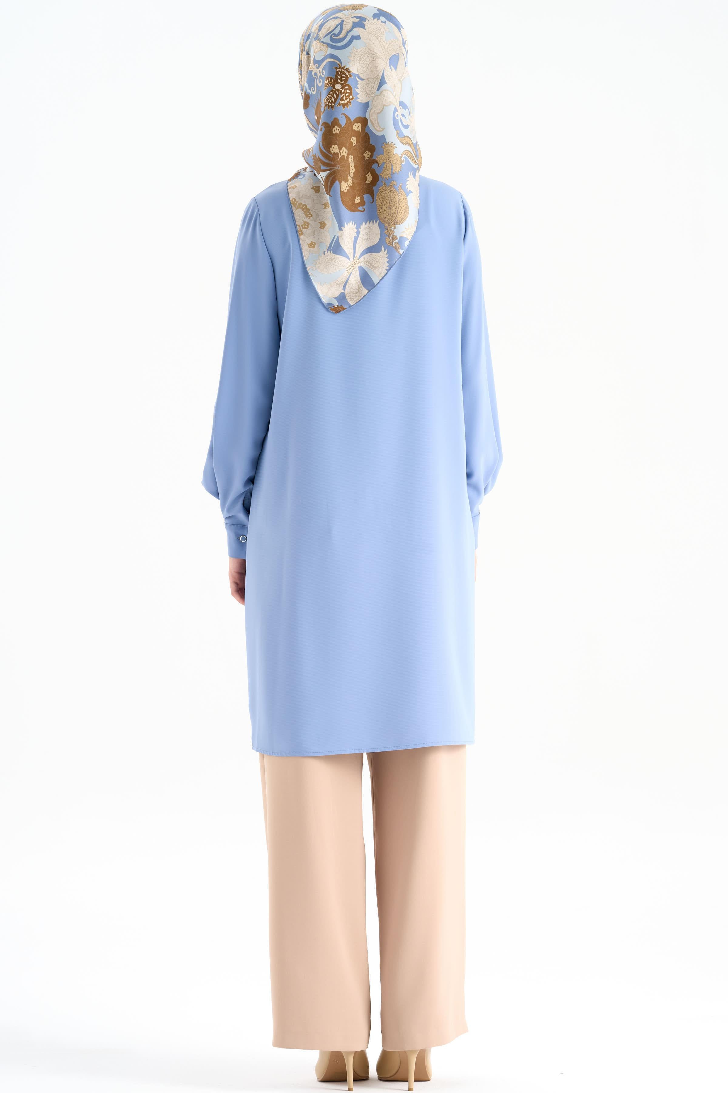 Kolları Pile Detaylı Tunik - Mavi TUGBA